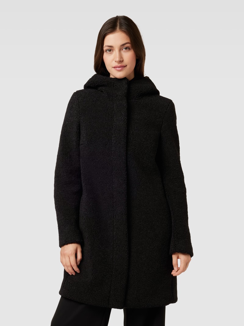Mantel in Teddyfell-Optik mit Kapuze in schwarz