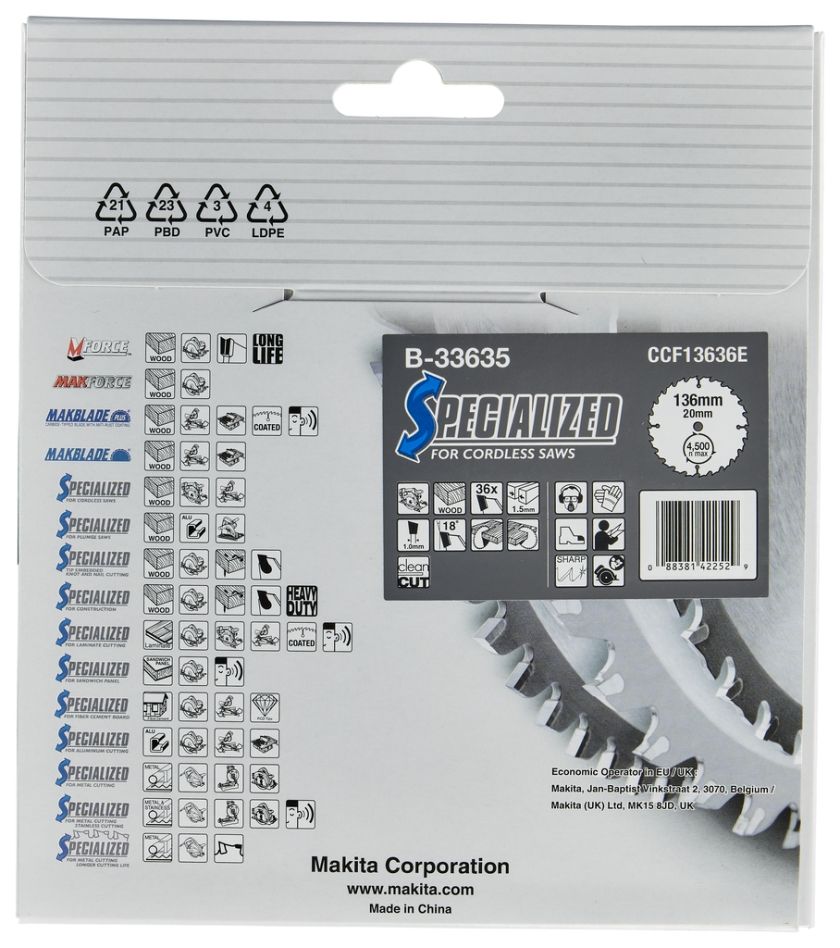 Makita B-33635 körfűrészlap fához, Specialized, 136x20x1.5, 36 fog, 18 g