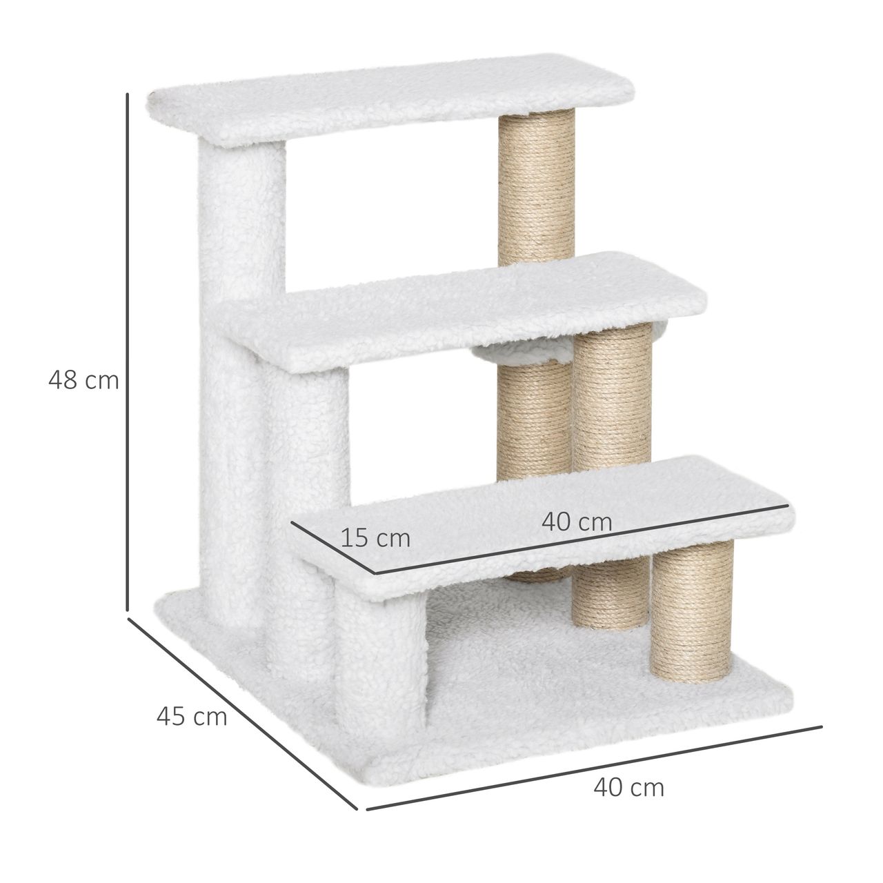 PawHut Haustiertreppe mit Kratzbaum Ball 3-stufige Katzentreppe Hundetreppe Tiertreppe Spanplatte Plüsch Jute Weiß 45 x 40 x 48 cm