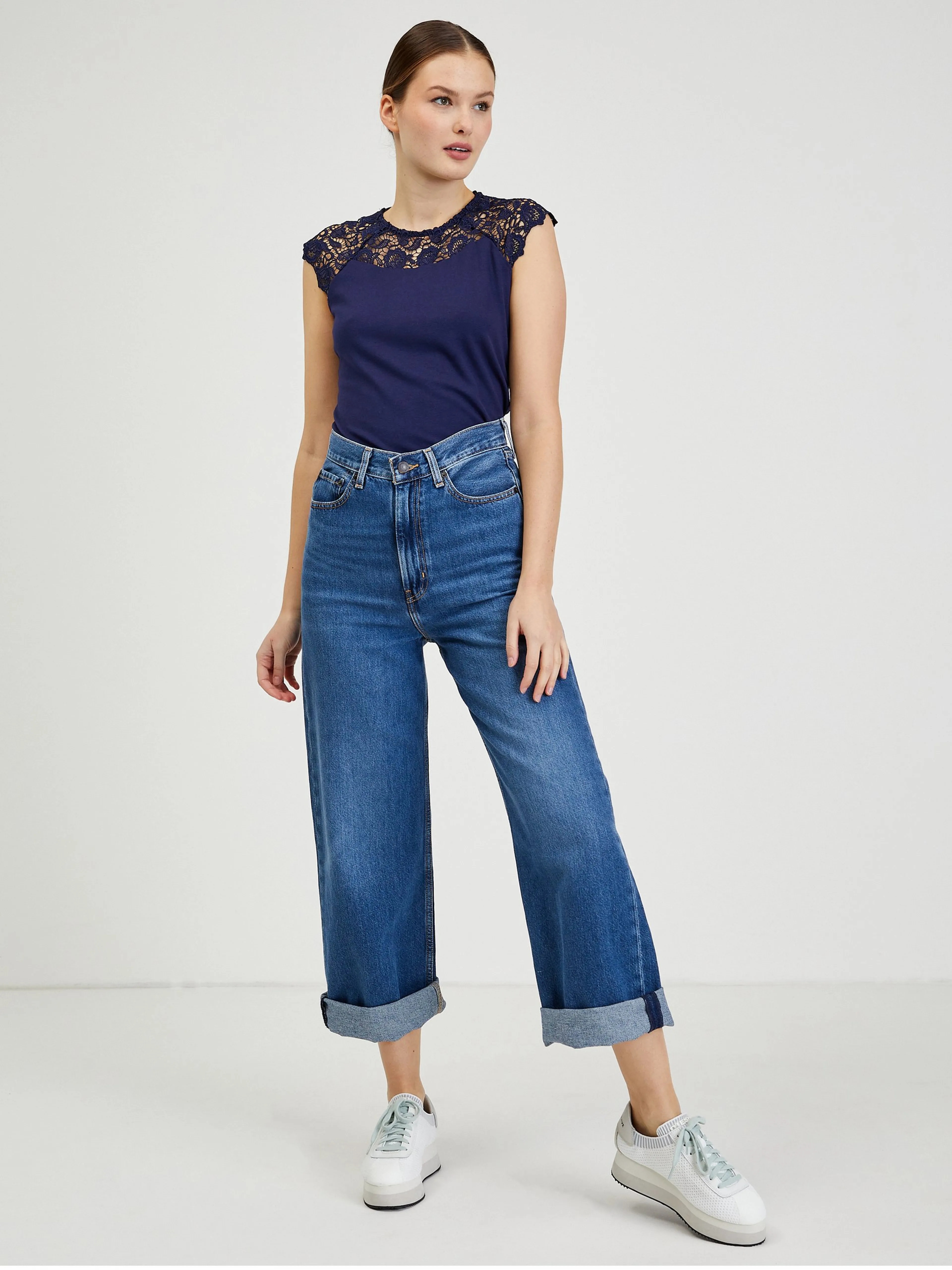 Dunkelblaues Damen T-Shirt mit Spitze ORSAY