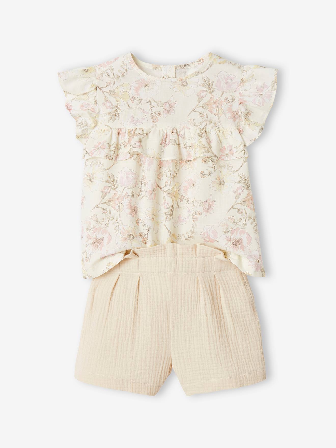Ensemble de cérémonie fille blouse volantée et short en gaze écru