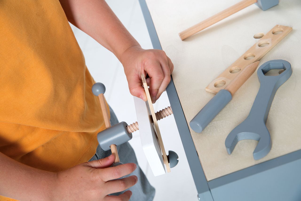 Roba Werkbank, Holzwerkbank, Werkzeug-Set, große Arbeitsplatte, Ablage, 3 Schubfächer, mitwachsend