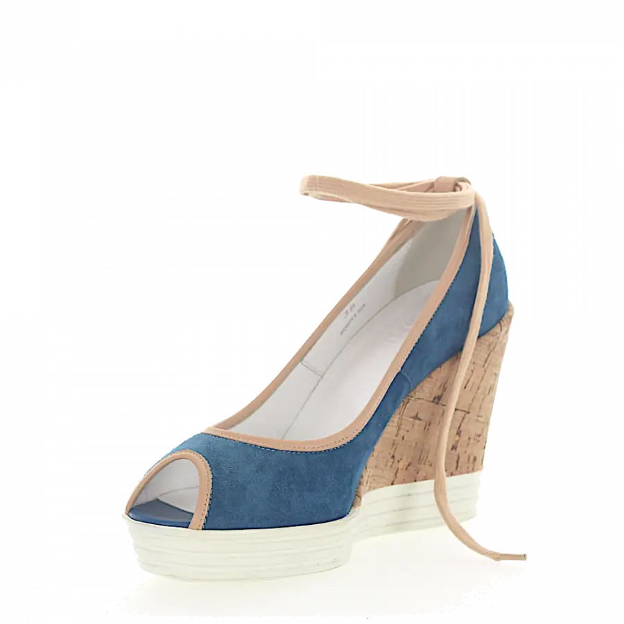 Hogan - Wedge Sandalen Peeptoe Plateau Veloursleder blau Leder beige - blau