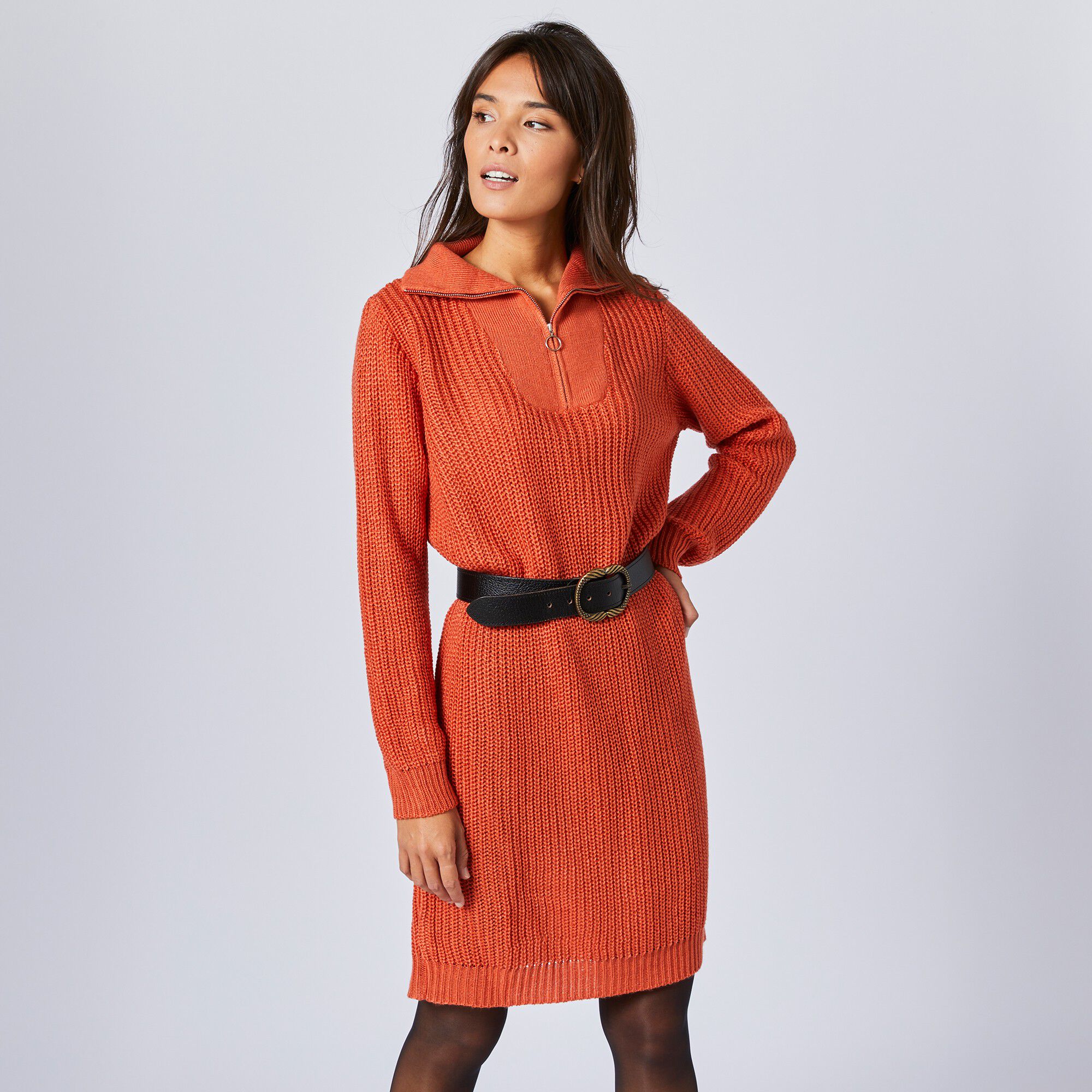 Robe pull col zippé, maille anglaise