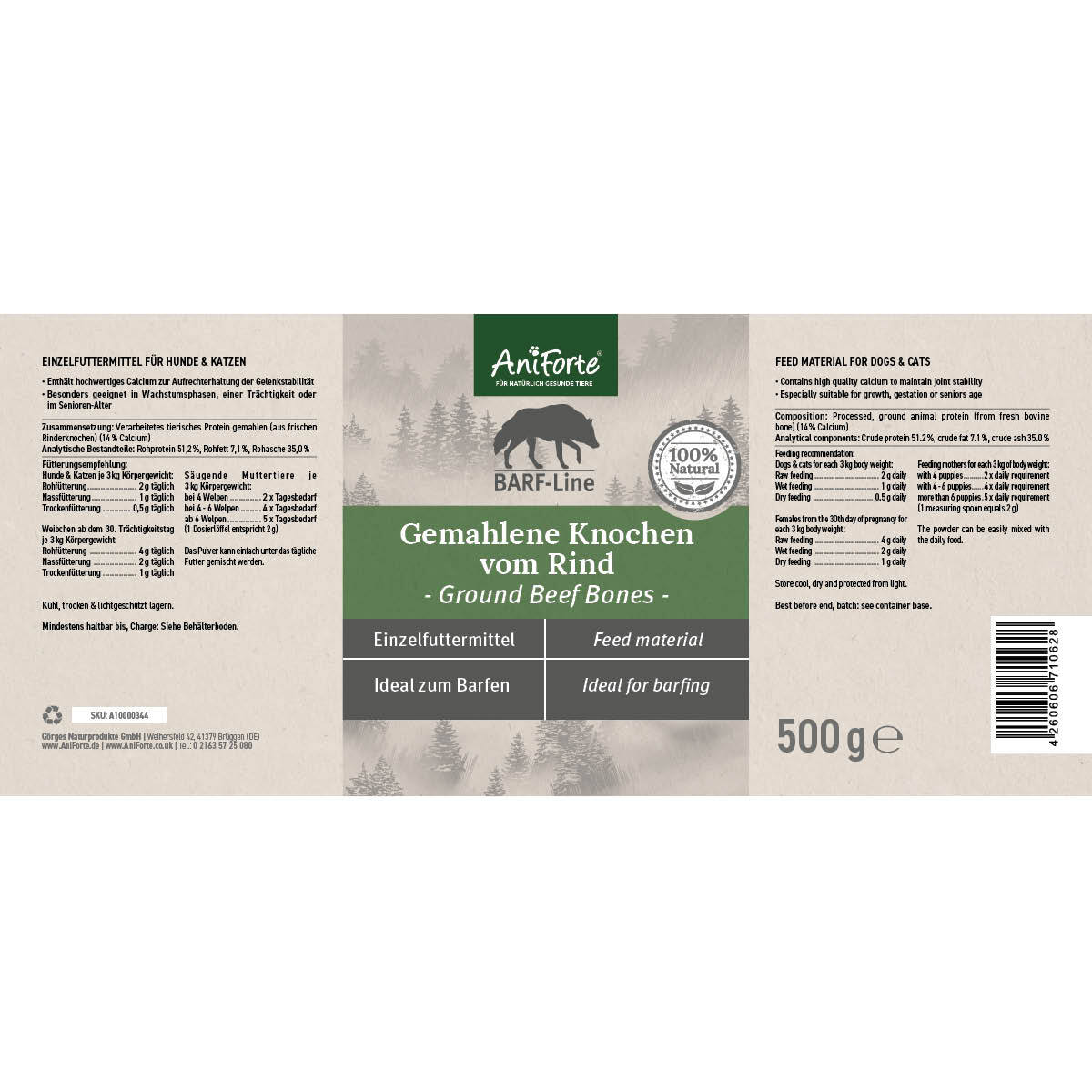 Aniforte Ergänzungsfutter & Aufzucht Aniforte BARF-Line Gemahlene Knochen vom Rind 500 g