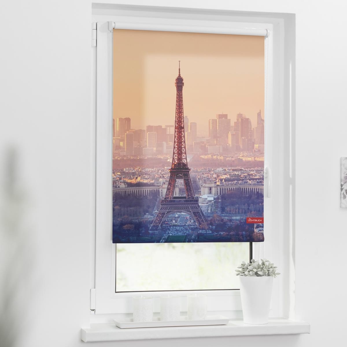 Lichtblick Rollo Klemmfix, ohne Bohren, blickdicht, Eiffelturm - Orange, 90 x 150 cm (B x L)