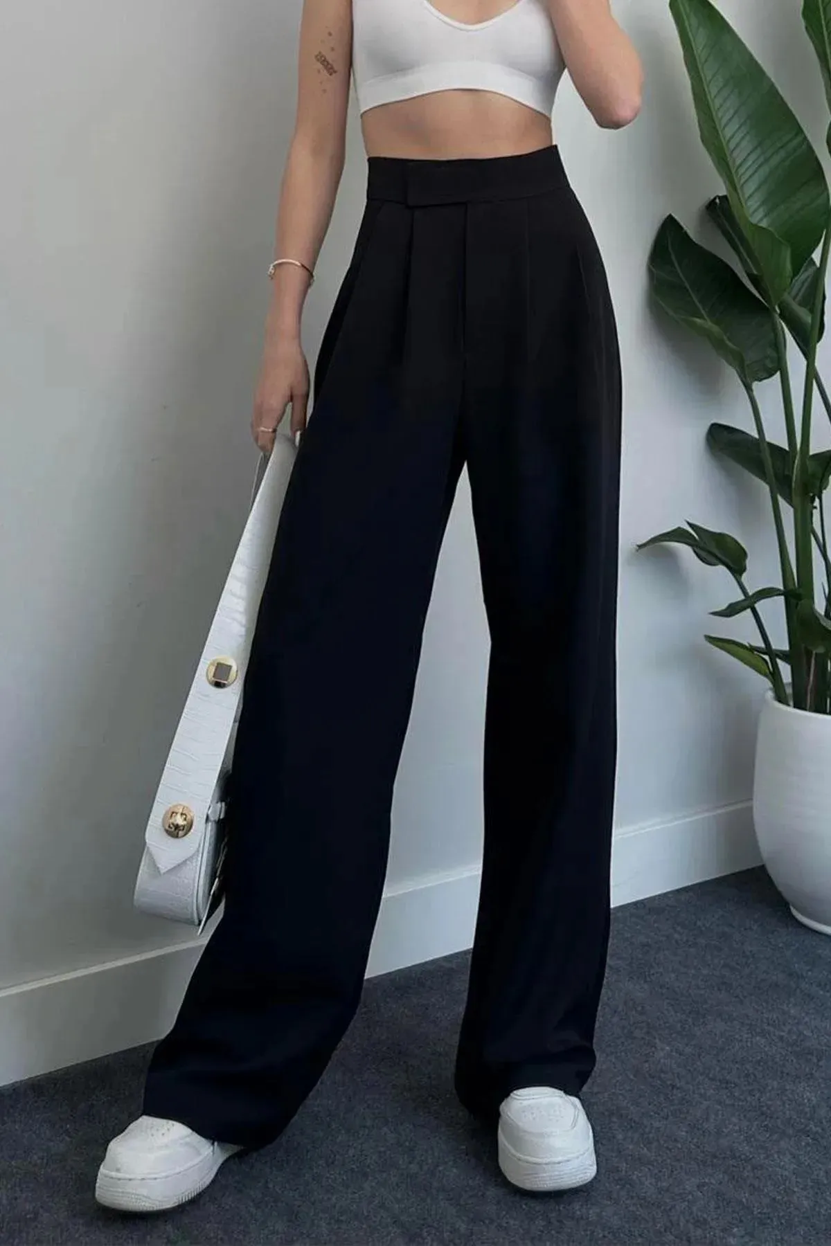 modazoom  Schwarze Palazzo-Hose mit weitem Bein und Klettverschluss für Damen
