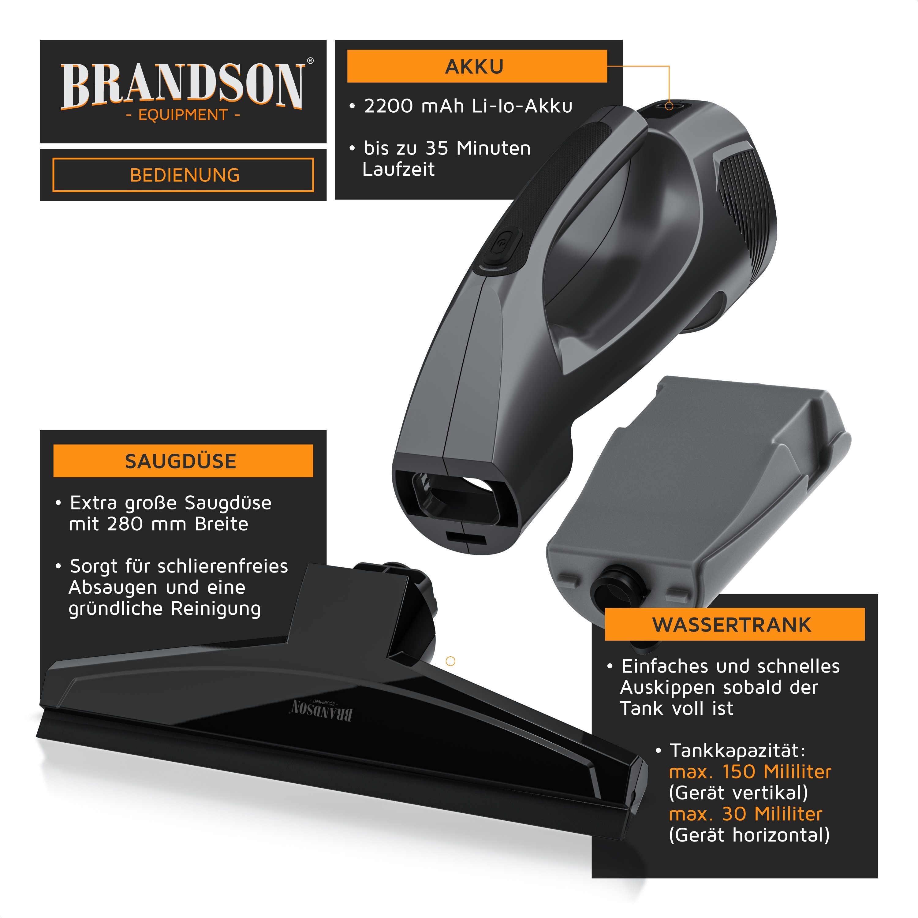 Brandson Wasch-Sauger, Akku Fenstersauger, Fensterreiniger. 2200 mAh Akku, 150 ml Wassertank