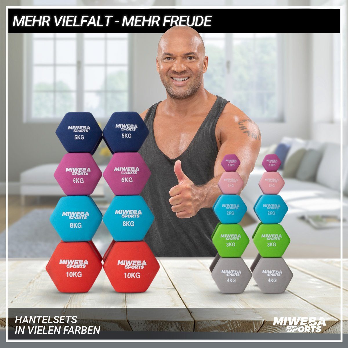 Miweba Sports Kurzhantel Gymnastikhanteln NKH100 - 9 Gewichtsklassen, (Anti-Rutsch-Oberfläche - Neopren - bodenschonend - Hexagon-Form - 8 Farben - Training - Krafttraining - Muskelaufbau - Fitness - Sport - Workout, 0,5 kg - 1 kg - 2 kg - 3 kg - 4 k