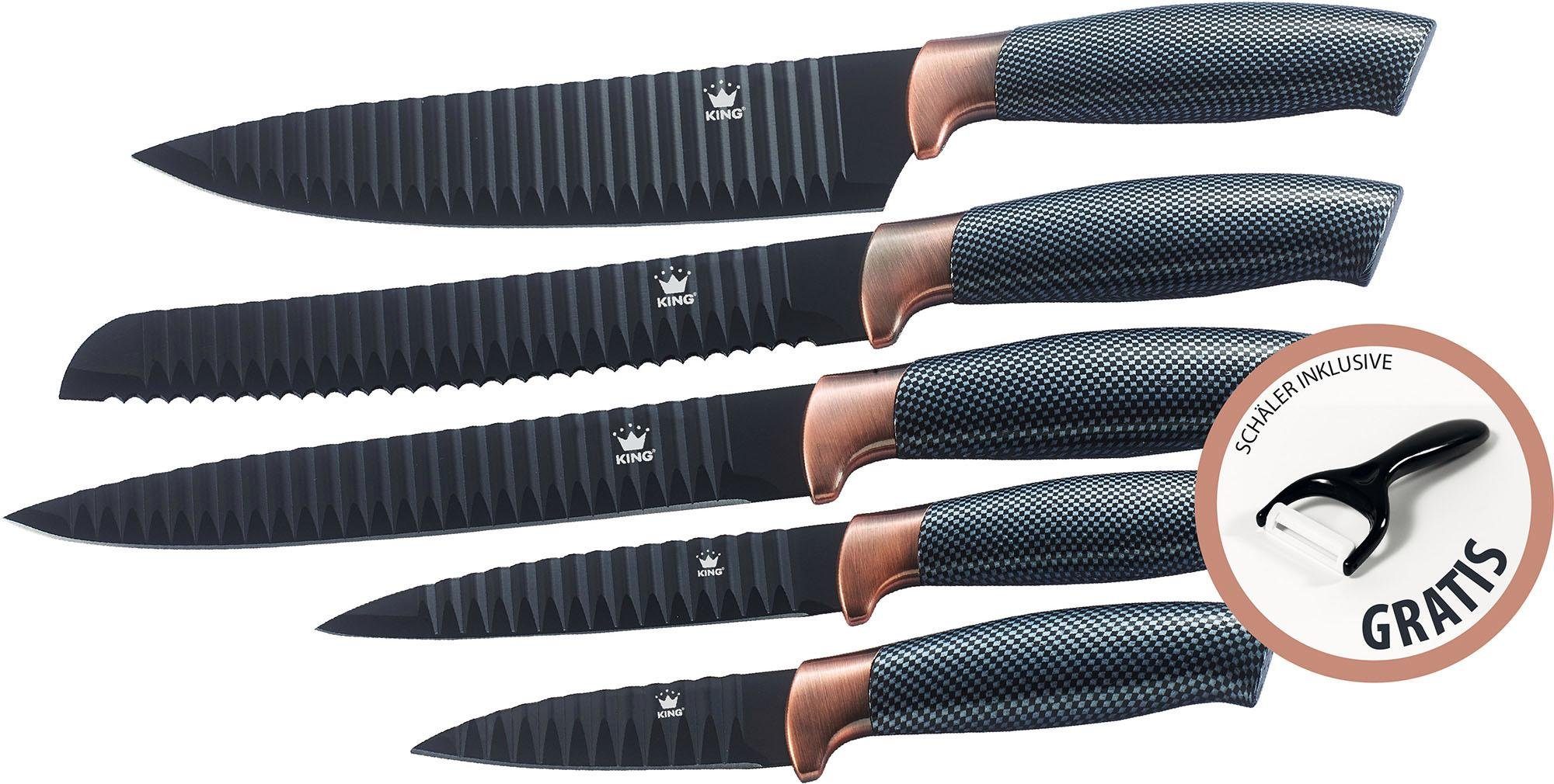 KING Messer-Set Carbon Design (6-tlg), (5 Messer), incl. Sparschäler, Wellenschliff