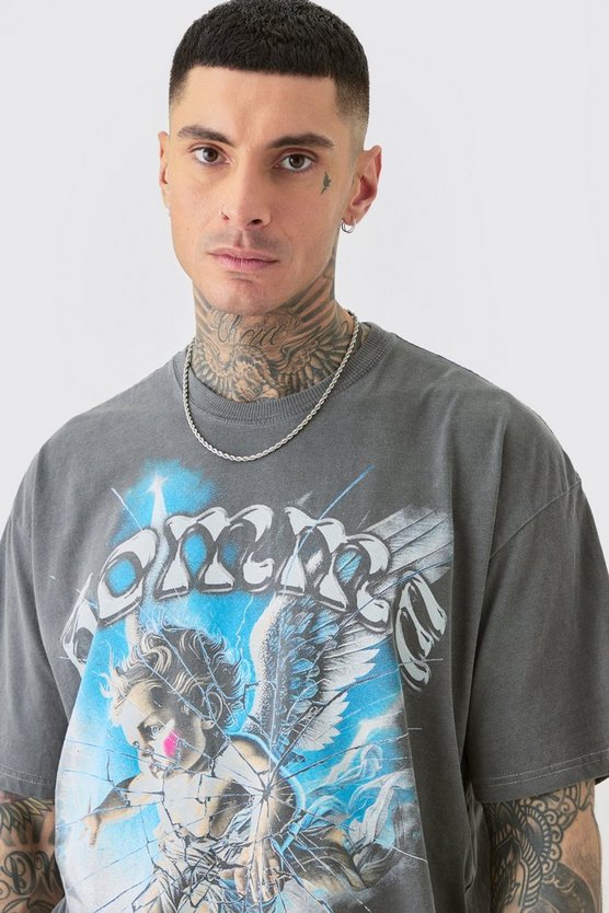 Tall Oversize T-Shirt mit Homme Angel Print und Acid-Waschung
