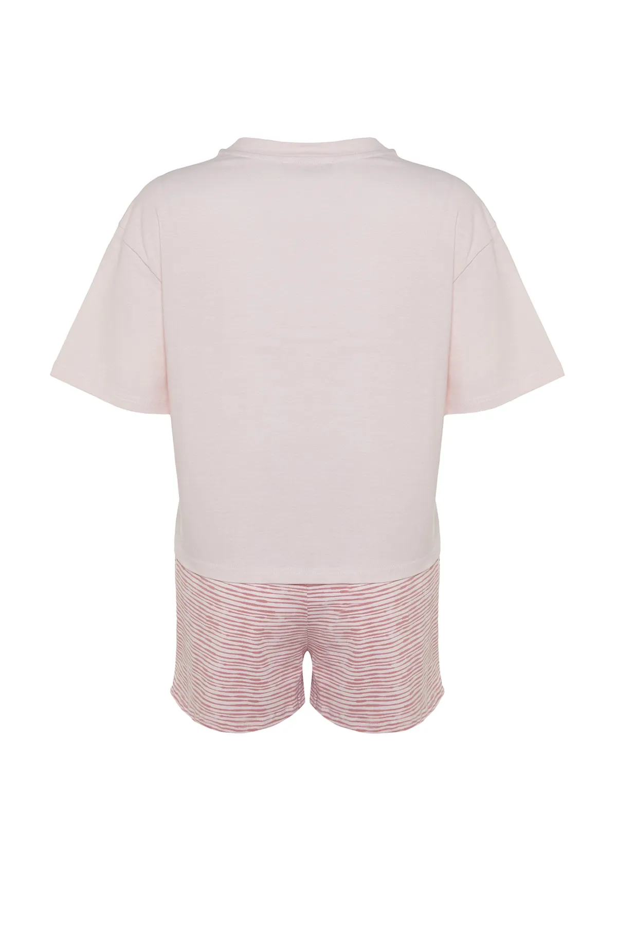 Trendyol Collection  Gestricktes Pyjama-Set mit T-Shirt-Shorts und gestrickten Baumwoll-T-Shirts mit gestreiftem Slogan in Puderfarbe THMSS23PT00228
