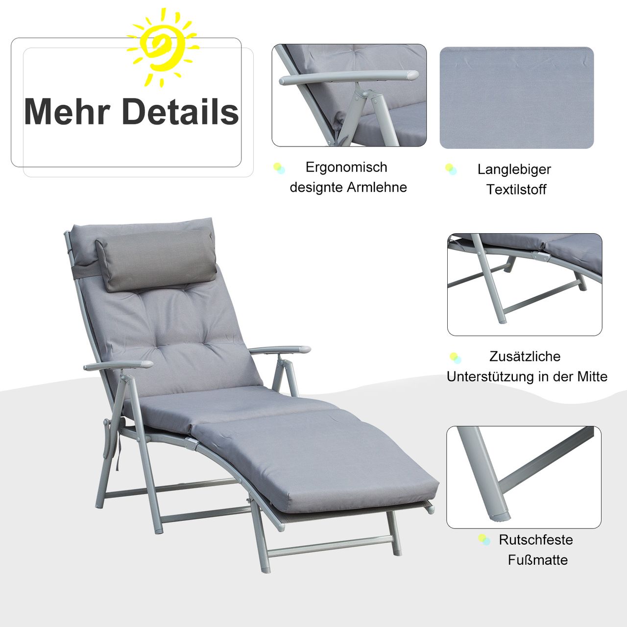 Outsunny Sonnenliege mit Kissen 7-stufig verstellbare Rückenlehne 137 x 63,5 x 100,5 cm grau