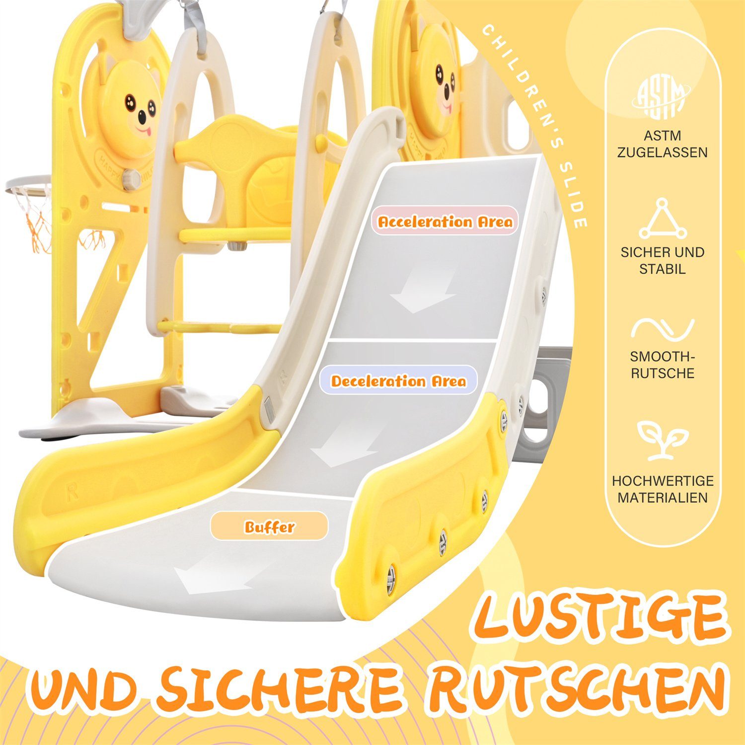 Fangqi Indoor-Rutsche 5 in 1 Kinderrutsche und Kletterspielzeug, Kinderspielzeug,Unisex, (Kinderrutsche, Klettern, Aufbewahrung, Schaukel, Basketballkorb. Hergestellt aus HDPE. Mit Cartoon Bild)