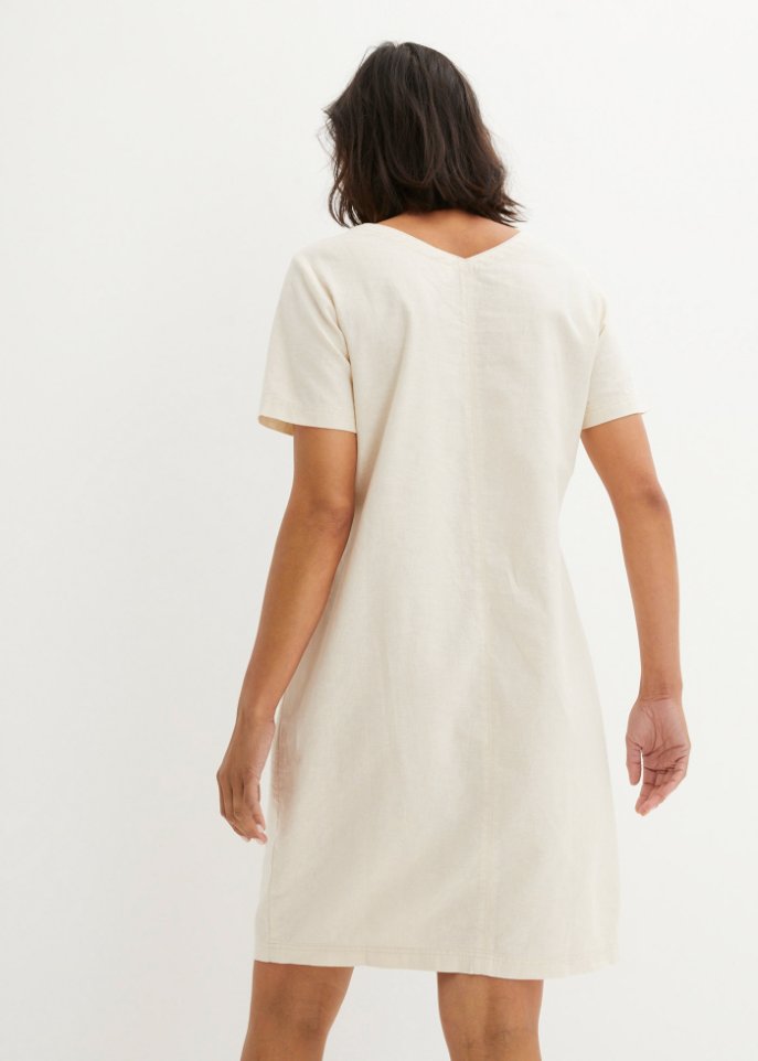 Knielanges Kleid mit Leinen und V-Ausschnitt, Halbarm