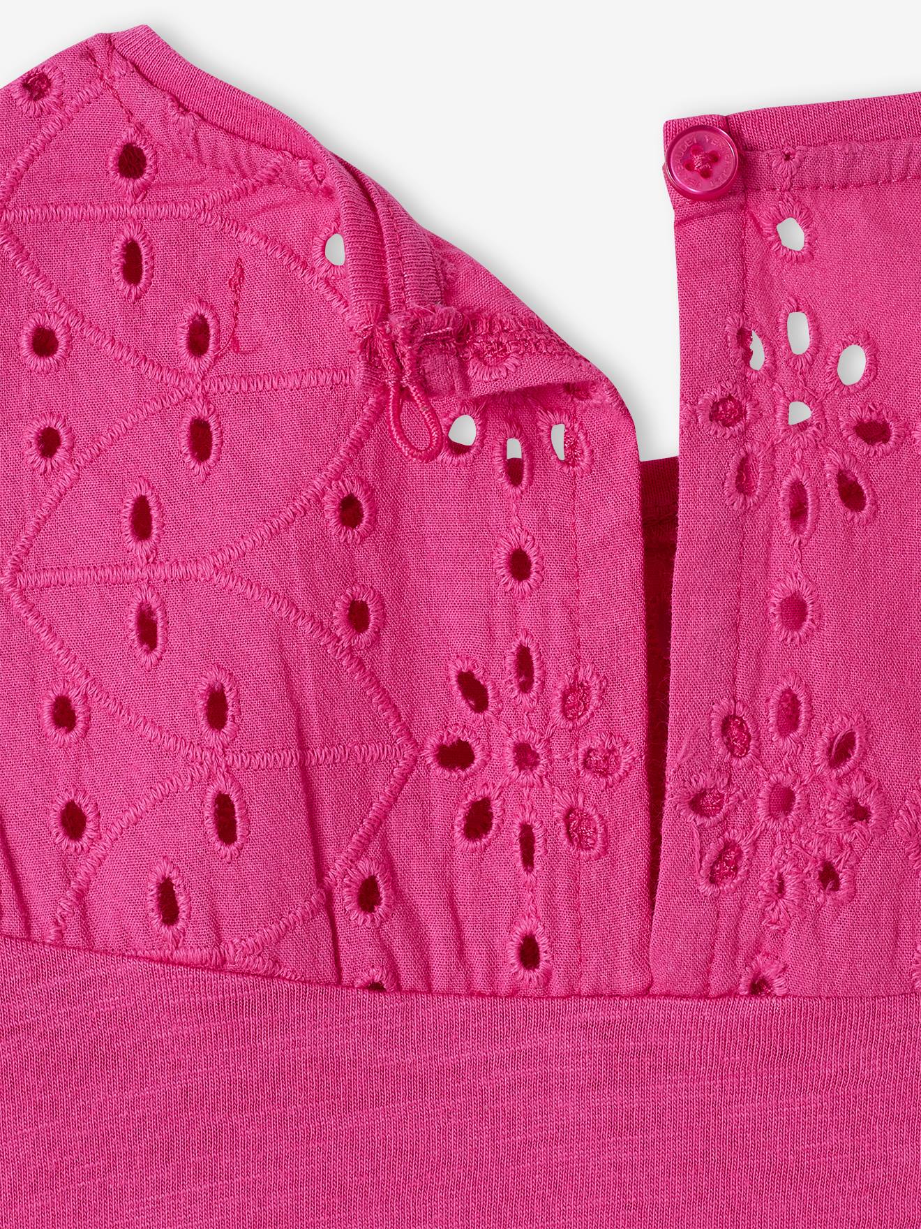 Vertbaudet Mädchen T-Shirt mit Volantärmeln und Lochstickerei Oeko-Tex - dunkelrosa