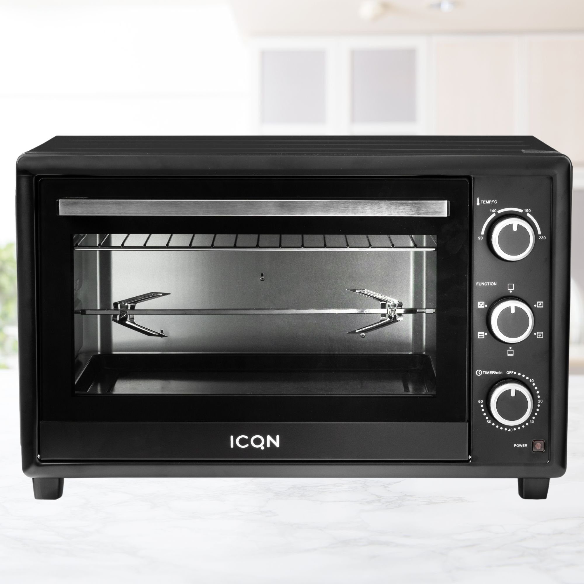 ICQN Minibackofen 50L mit Umluft, 1800 W, Drehspieß, Innenbeleuchtung, Pizzaofen, 60 Min Timer, inkl. Backblech Set, Mini-Ofen