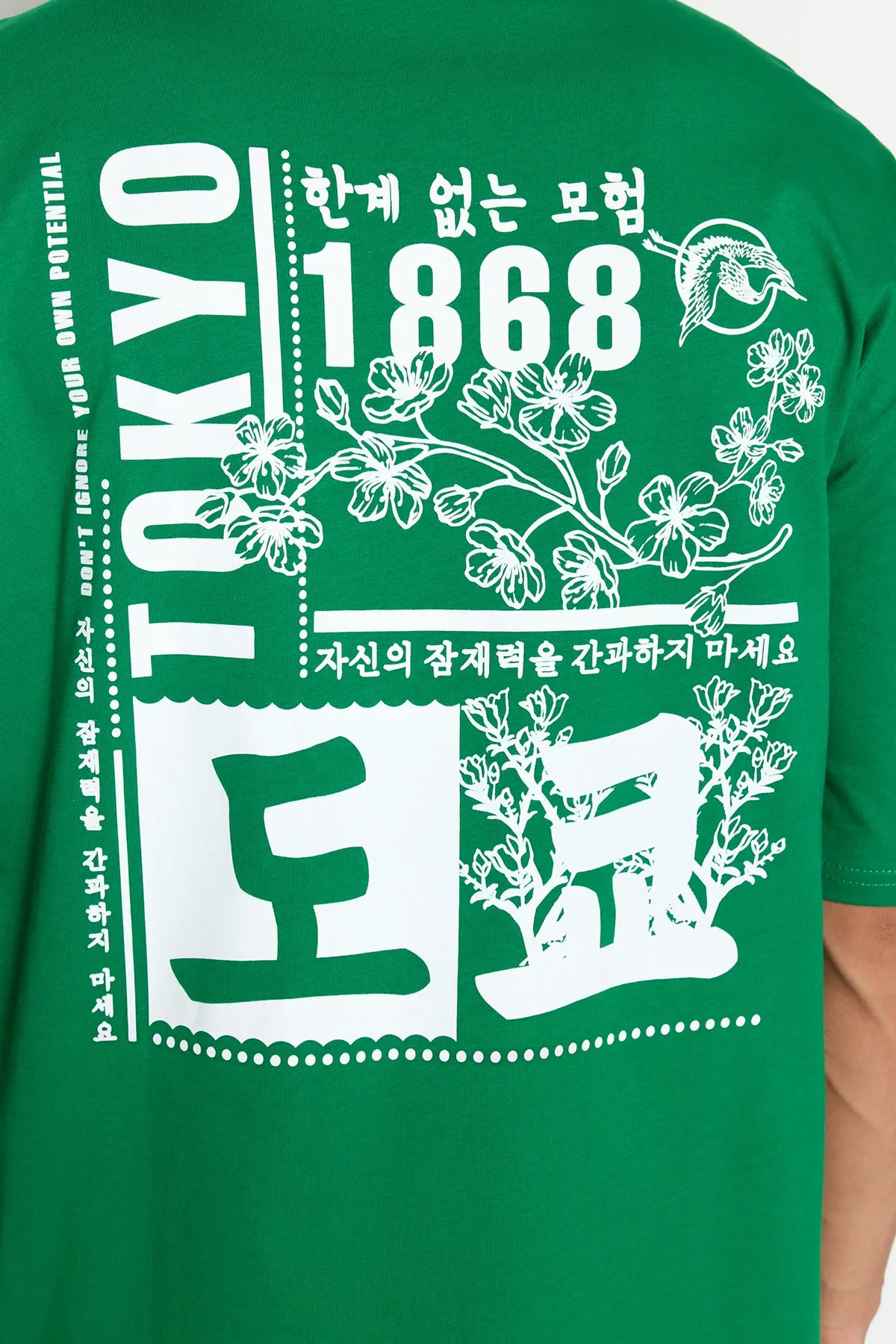 Trendyol Collection  Grünes, übergroßes/weit geschnittenes, kurzärmliges T-Shirt aus 100 % Baumwolle mit fernöstlichem Aufdruck TMNSS23TS00170