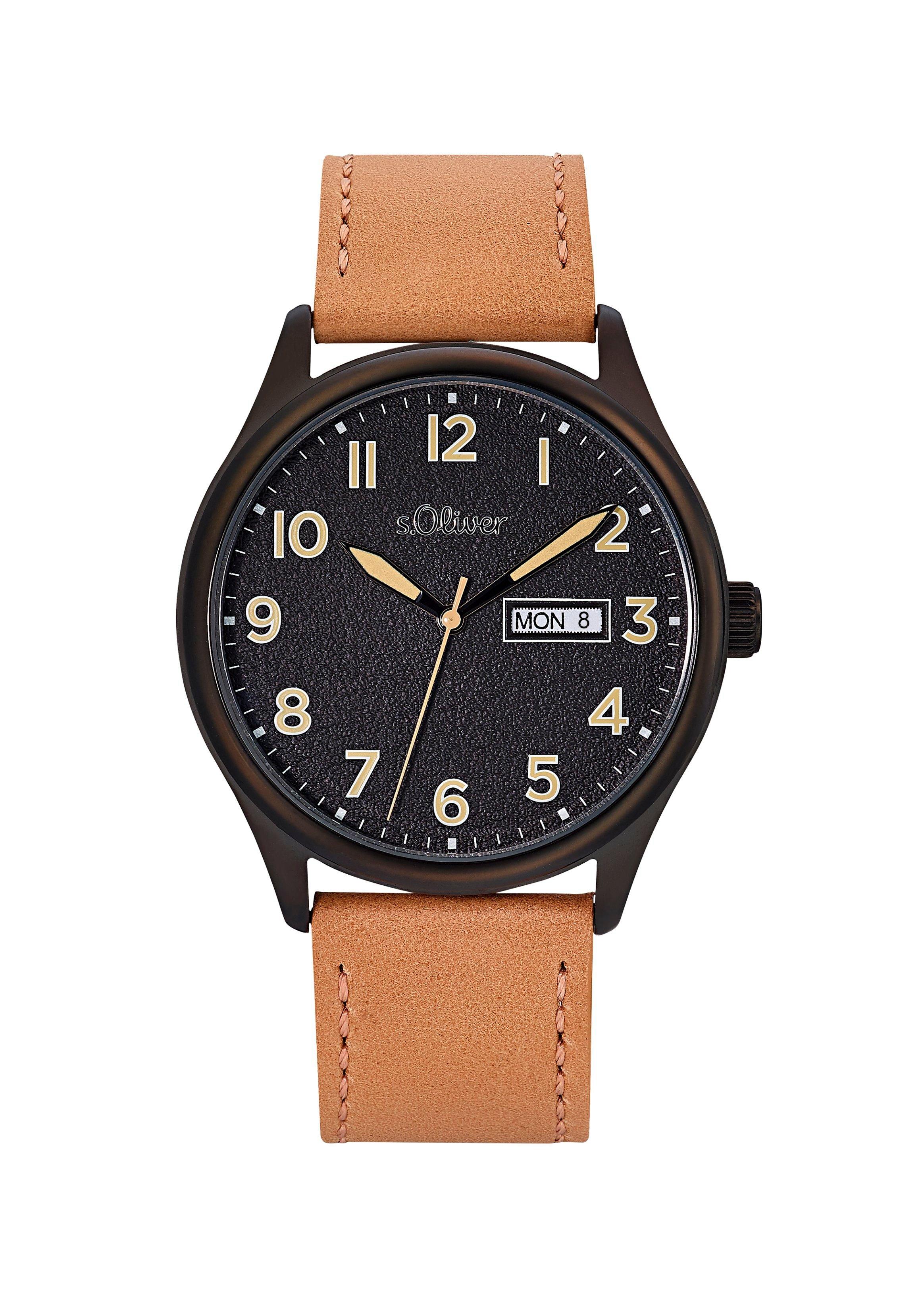 Schwarze Edelstahluhr mit Lederarmband  6006314-85B0