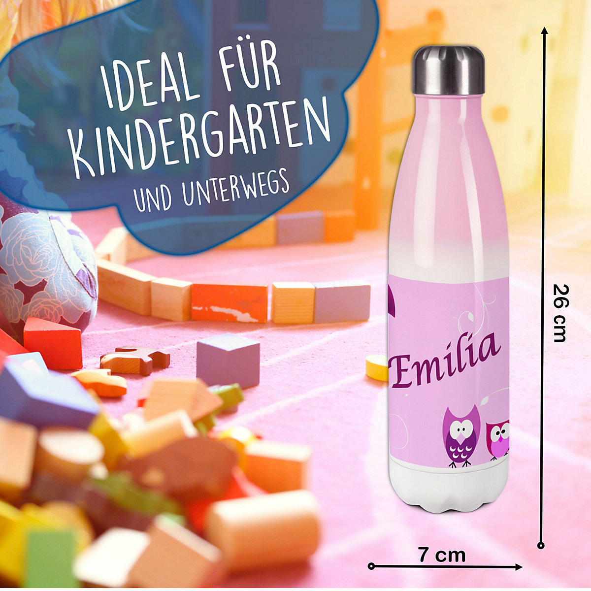 Edelstahl Kinder Thermoflasche / Trinkflasche bunt Eule Farbe rosa Spülmaschinenfest, Auslaufsicher, Bruchfest, Doppelwandig, Für Heißgetränke geeignet, Mit Deckel, Isoliert