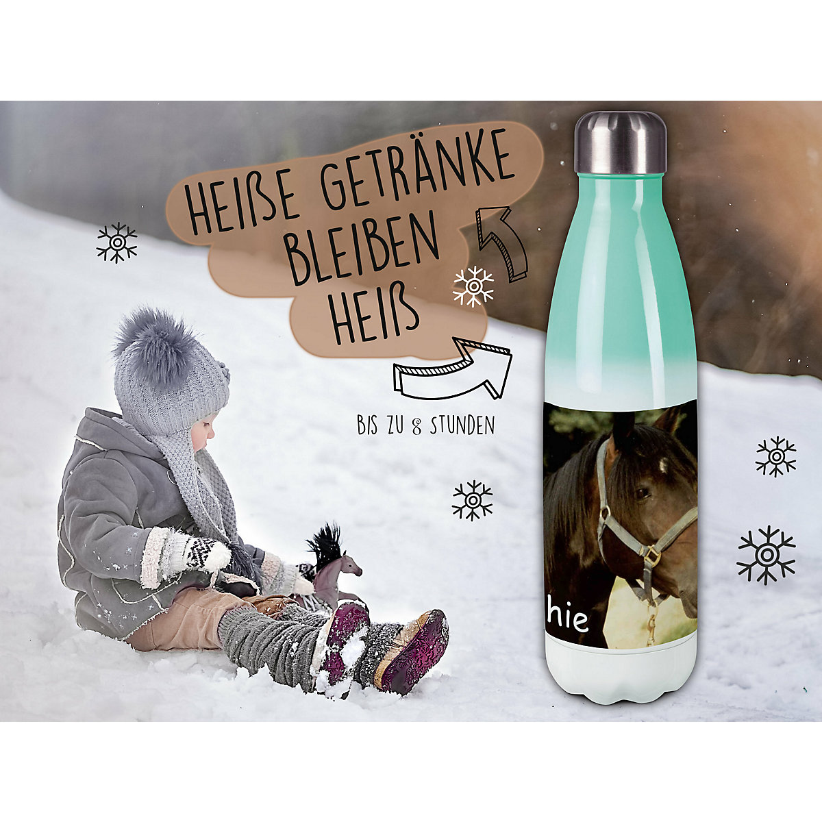 Edelstahl Kinder Thermoflasche / Trinkflasche bunt Pferd Orignial Spülmaschinenfest, Auslaufsicher, Bruchfest, Doppelwandig, Für Heißgetränke geeignet, Mit Deckel, Isoliert