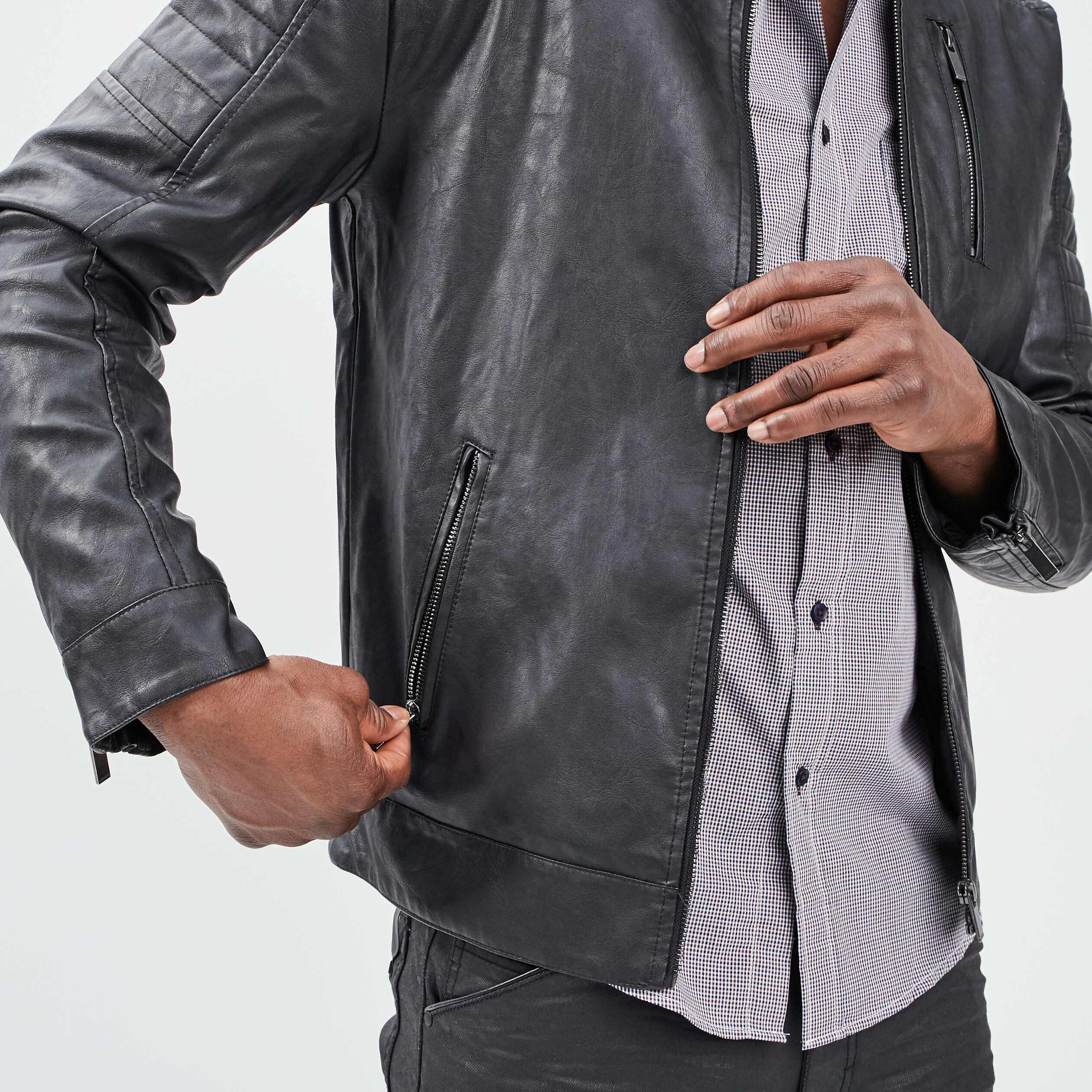 Blouson doublé droit biker à col montant noir homme | La Halle