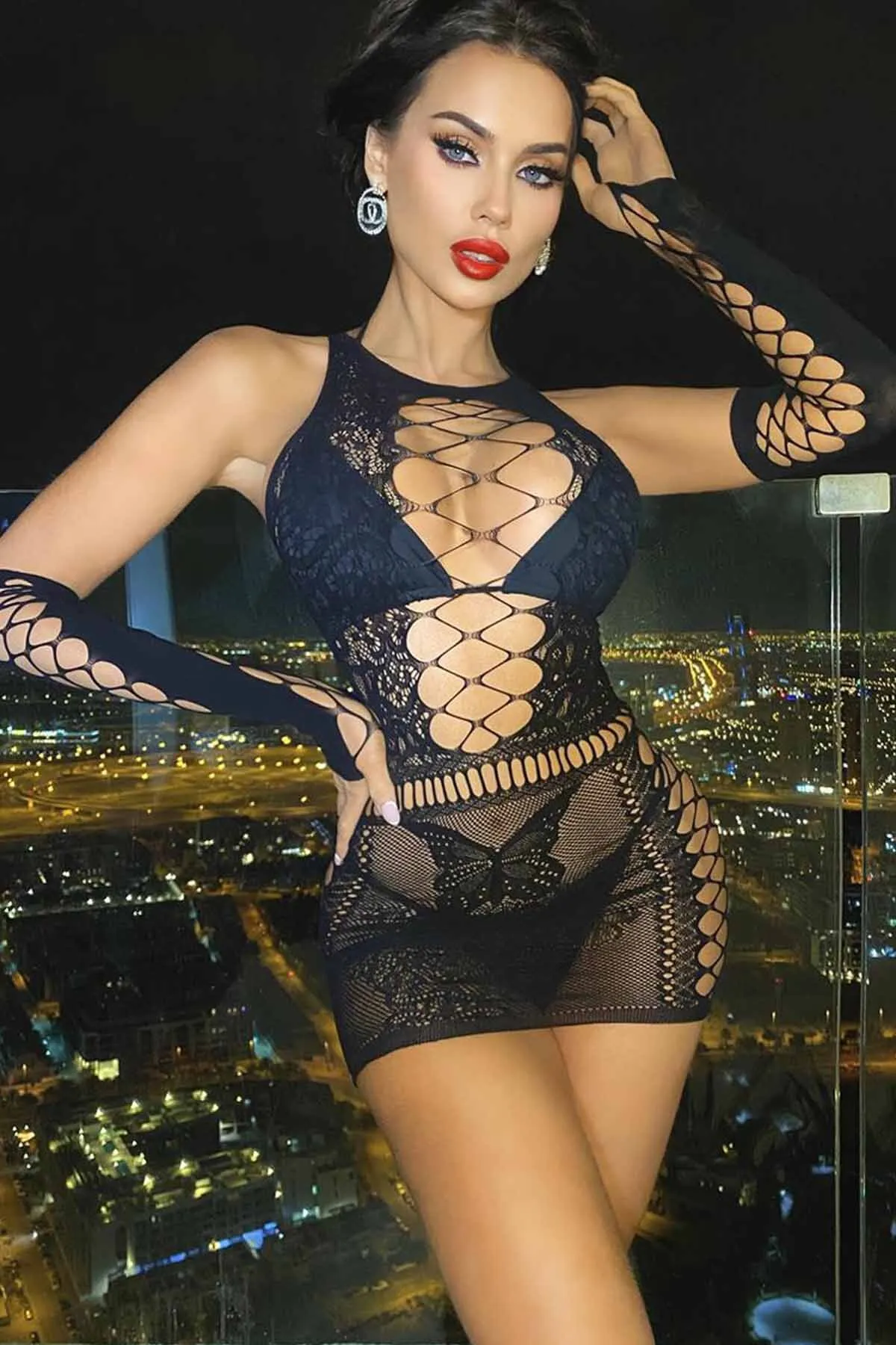 Merry See  Minikleid Nachthemd mit Handschuhen Fantasy Body Stocking Schwarz