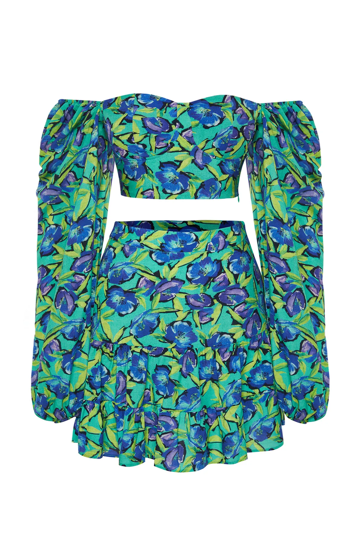 Trendyol Collection  Gewebtes Blusenrock-Set mit Ballonärmeln und Blumenmuster TBESS24AU00046