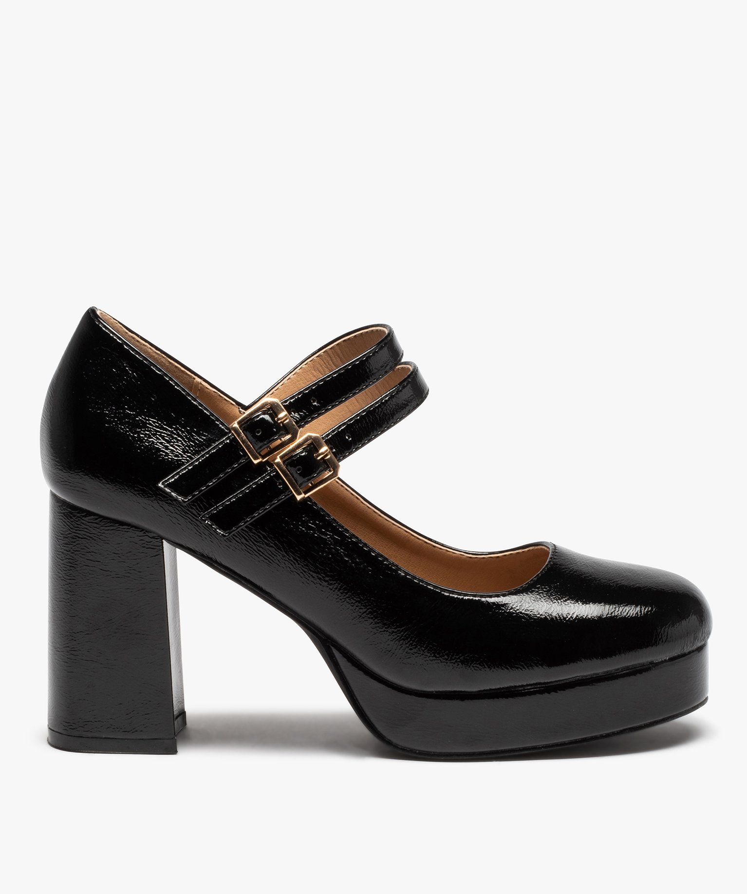 Escarpins babies vernis à talon et double bride femme noir | GEMO