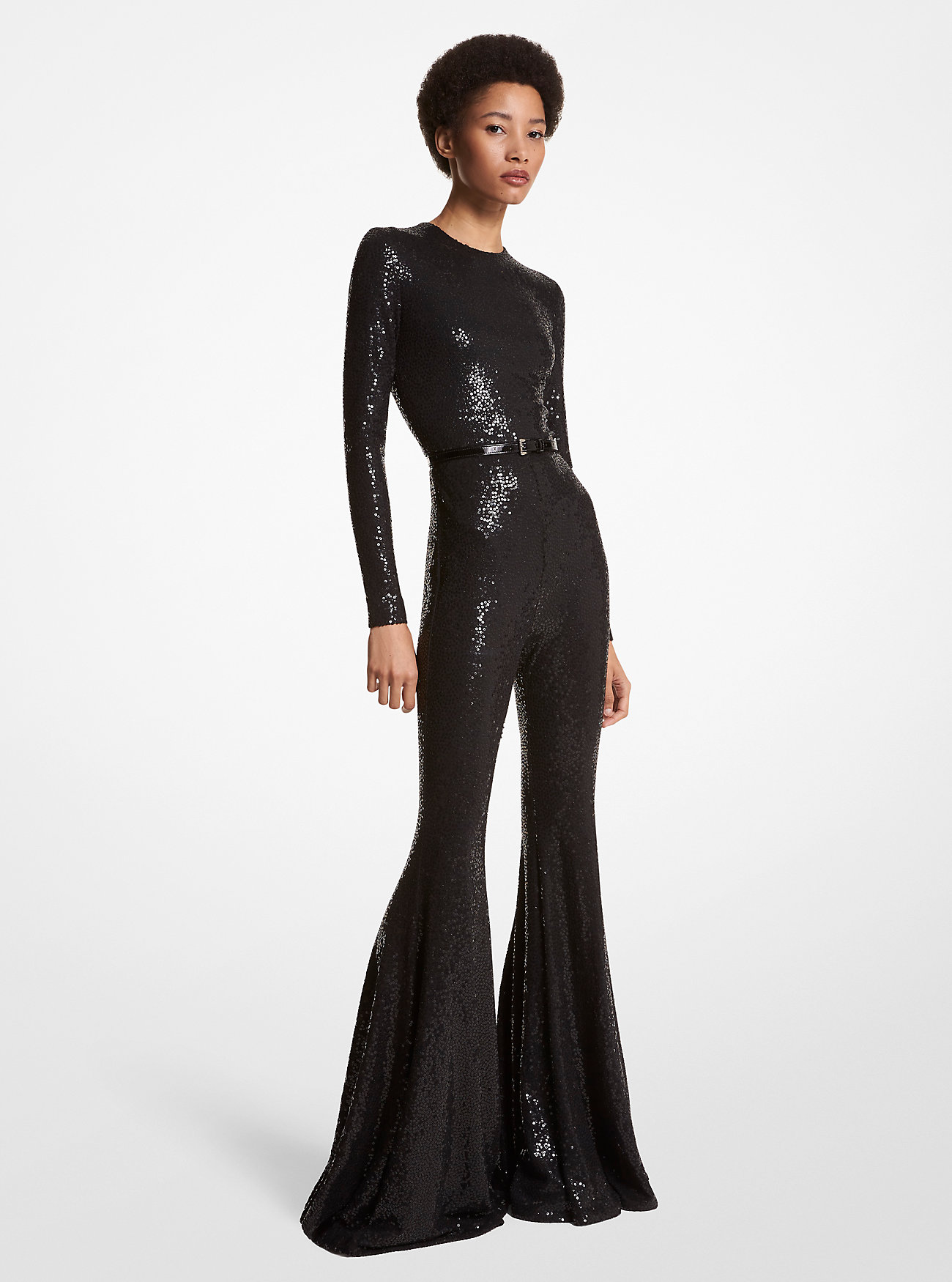 Håndbrodert paljett-stretchjersey-jumpsuit med utsving - SVART