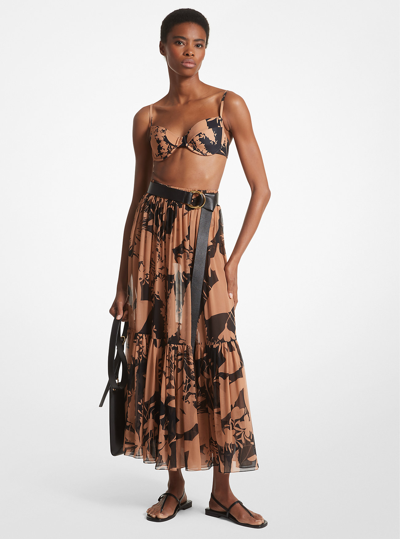 Shadow Floral Silk Chiffon Tiered Skirt - SUNTAN/BLACK