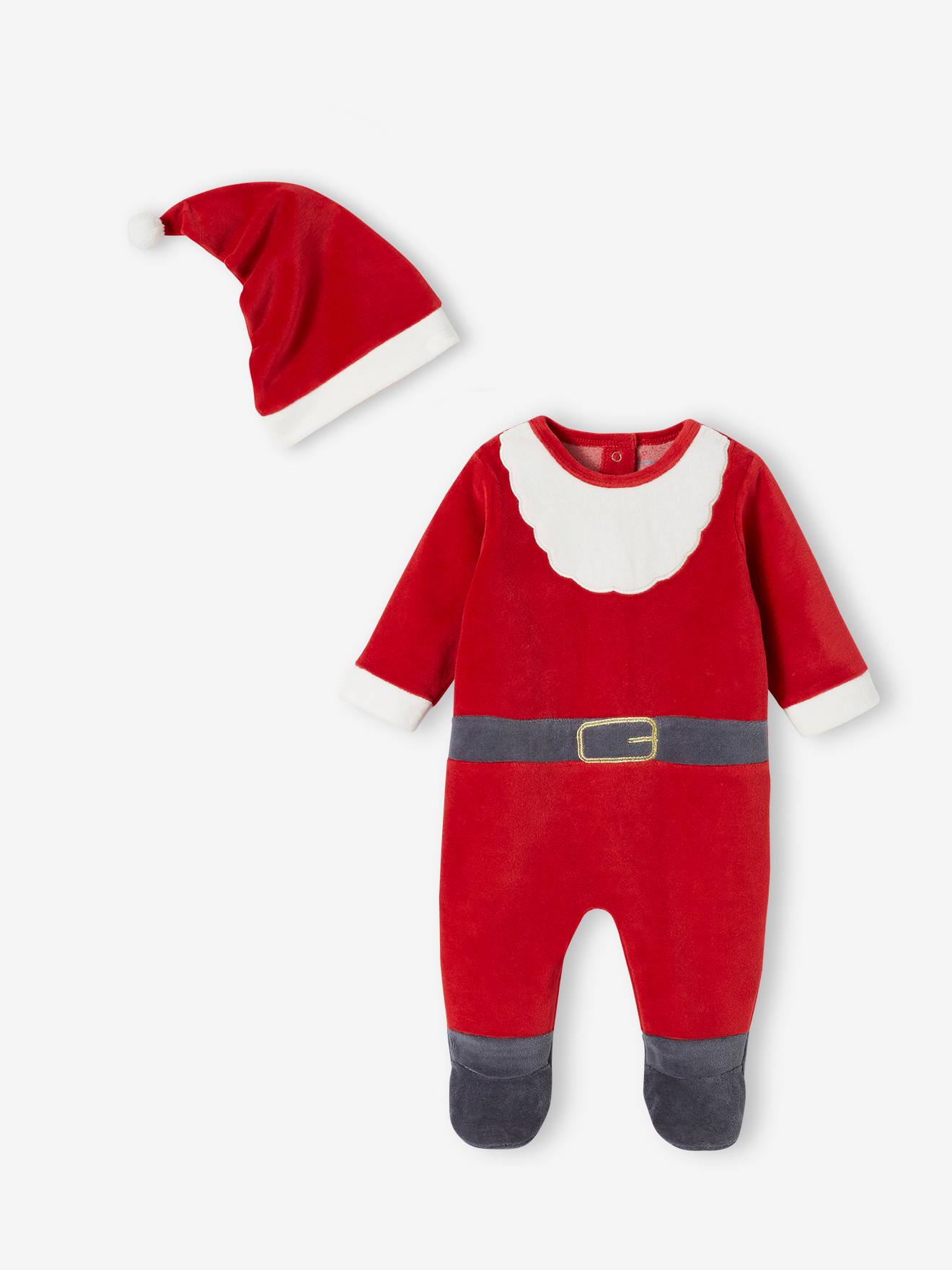 Vertbaudet Baby Samt-Strampler & Mütze, Weihnachtsmann Oeko-Tex - rot