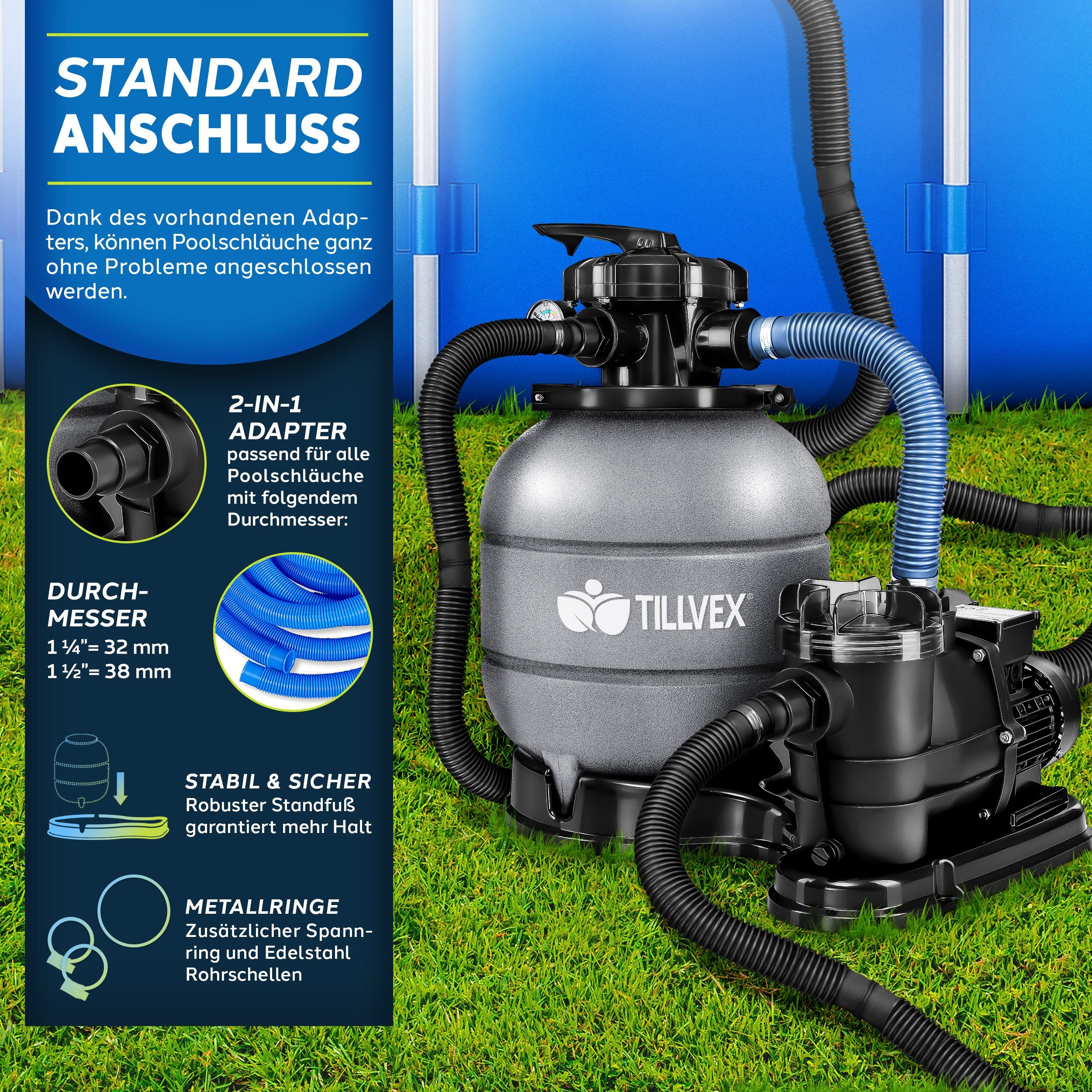 tillvex Sandfilteranlage 10 m³/h Filteranlage 5-Wege Ventil Poolfilter, Filterkessel mit Druckanzeige Sandfilter für Pool und Schwimmbecken