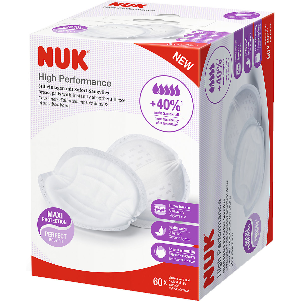 NUK High Performance Stilleinlagen mit Sofort-Saugvlies, sicherer Schutz für Haut und Kleidung, starke Saugkraft, körpergerechte Passform, hautfreundlich, 60er Packung