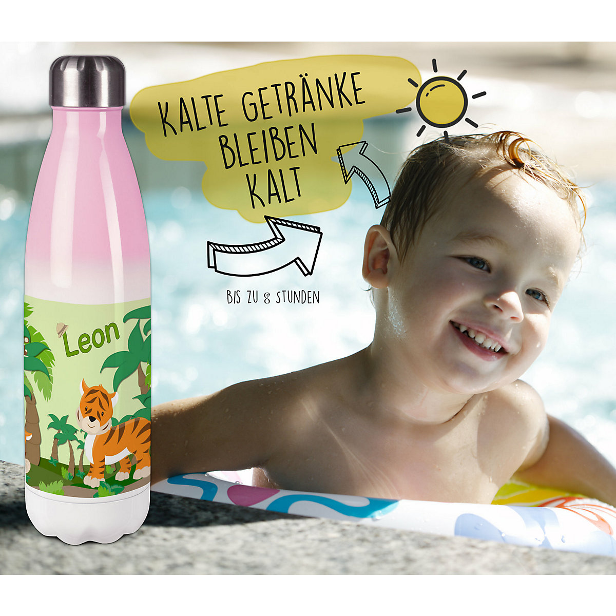 Edelstahl Kinder Thermoflasche / Trinkflasche bunt Dschungel Spülmaschinenfest, Auslaufsicher, Bruchfest, Doppelwandig, Für Heißgetränke geeignet, Mit Deckel, Isoliert