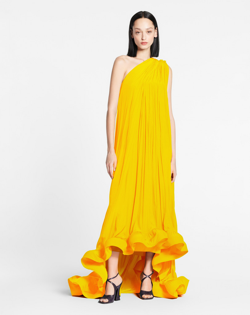 ROBE LONGUE ASYMÉTRIQUE EN CHARMEUSE TRIBUTE