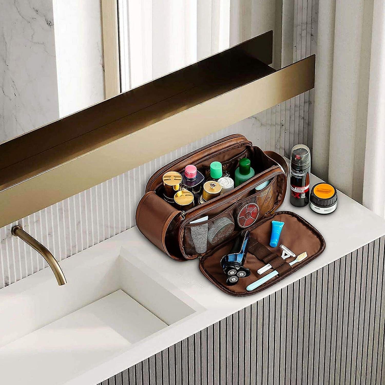 ZanMax Kosmetiktasche Herren-Reise-Kulturbeutel aus wasserdichtem Leder, groß, Braun (1-tlg)