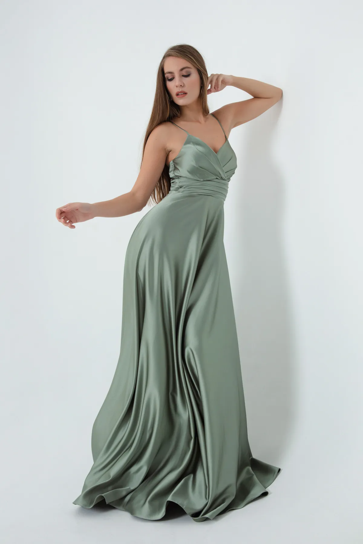 Lafaba  Mintgrünes langes Abendkleid und Abschlusskleid aus Satin mit Seilriemen und Taillengürtel für Damen