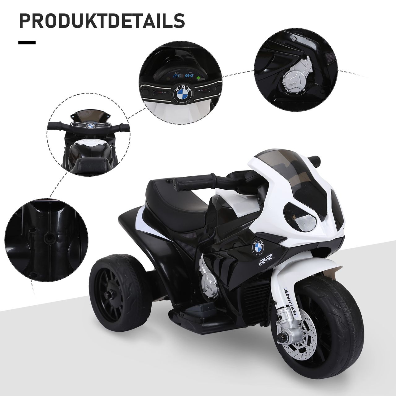 HOMCOM Elektro Kindermotorrad Kinderfahrzeug Lizensiert von BMW S1000RR Elektro-Dreirad mit Akku Stahl Schwarz 66 x 37 x 44 cm