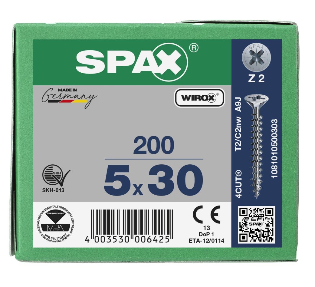 SPAX 1081010500303 Universalskrue 5 x 30 mm, Fuld gevind, Undersænket hoved, Phillips hoved Z2 - 200 stk.