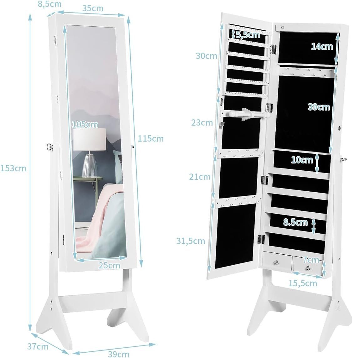 KOMFOTTEU Schmuckschrank mit LED-Beleuchtung Schloss & 2 Schlüsseln, Weiß