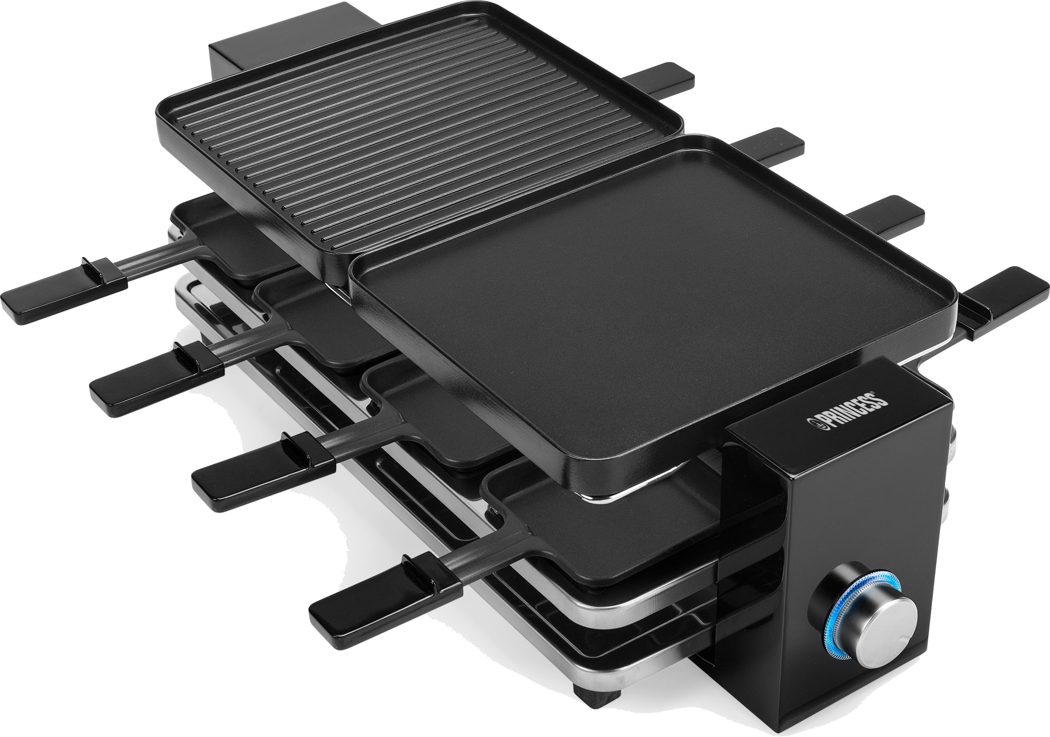PRINCESS Raclette 162925 8 Piano-Schwarz für 8 Personen, 8 Raclettepfännchen, 1200 W