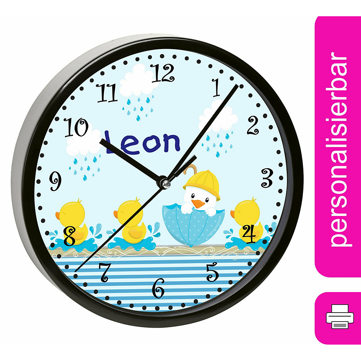 Kinder Wanduhr laufruhig personalisiert mit Name Ente