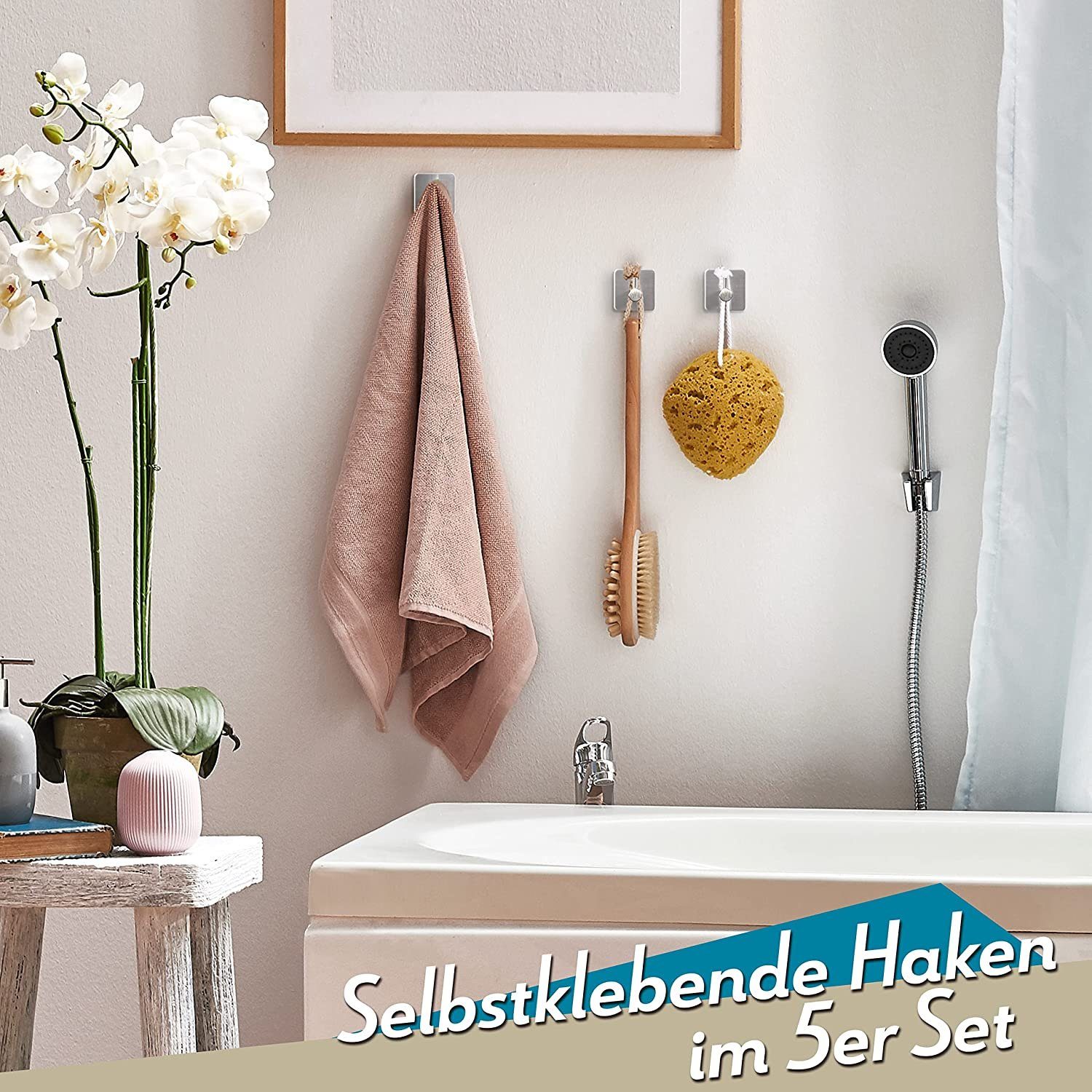 Directin Handtuchhaken ohne Bohren, 5er/10er Set Haken, Selbstklebend Klebehaken, Bad, Küche, (5-St., Hochwertige Klebehaken extra-stark für Bad und Küche), mit Klebe-Pads, Haken selbstklebend