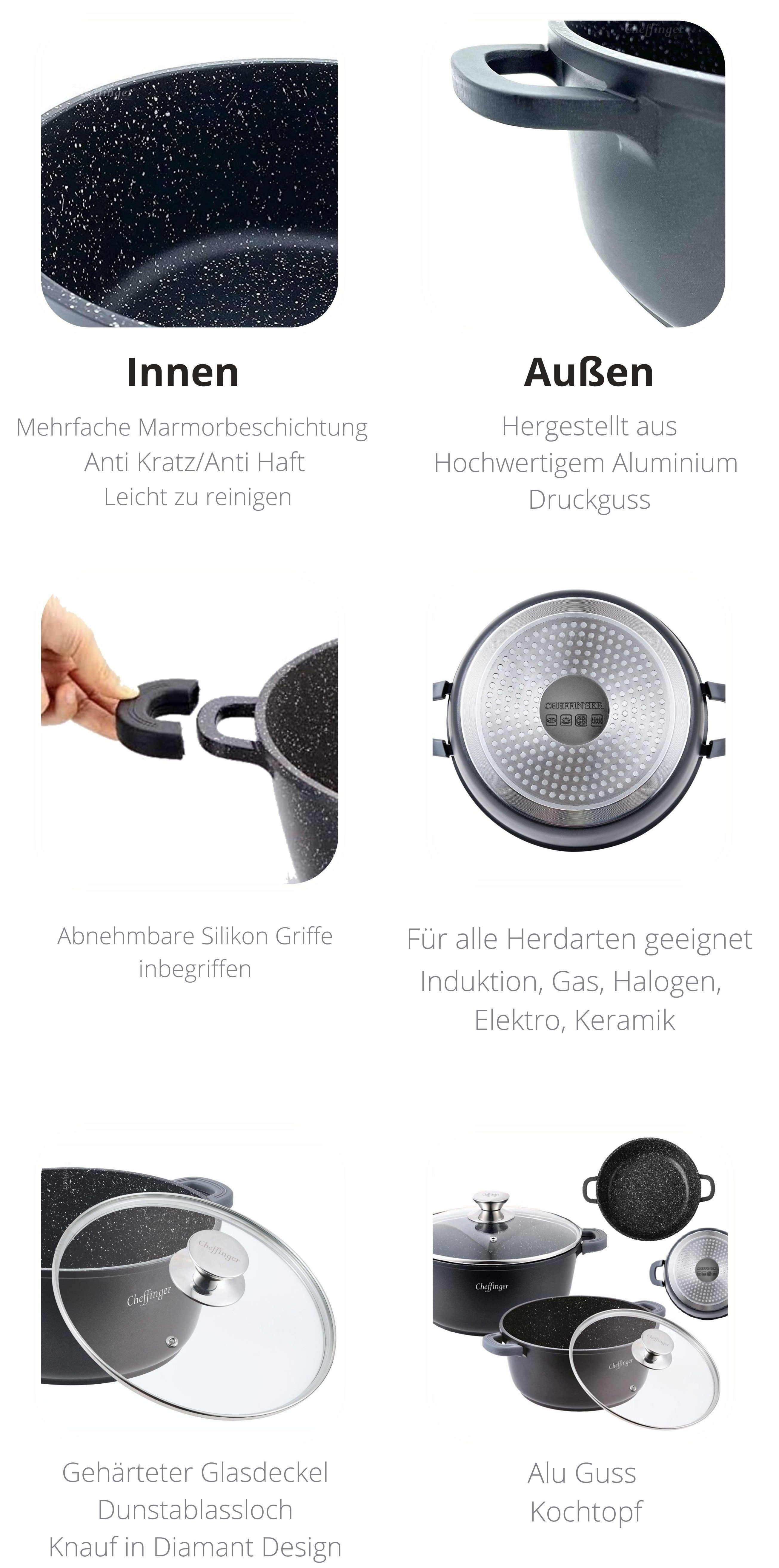 KESSMANN Topf-Set Kochtopf mit Deckel 7-tlg Induktion Topf Set Aluguss Suppentopf, Aluminiumguss (Set, 7-tlg., Inkl. 2 Silikon Griffe 1 Pfannenwender 1 Kork-Untersetzer 1 Holzlöffel), Antihaft Topfset Induktionsgeeignet Fleischtopf Bräter Pfanne koch