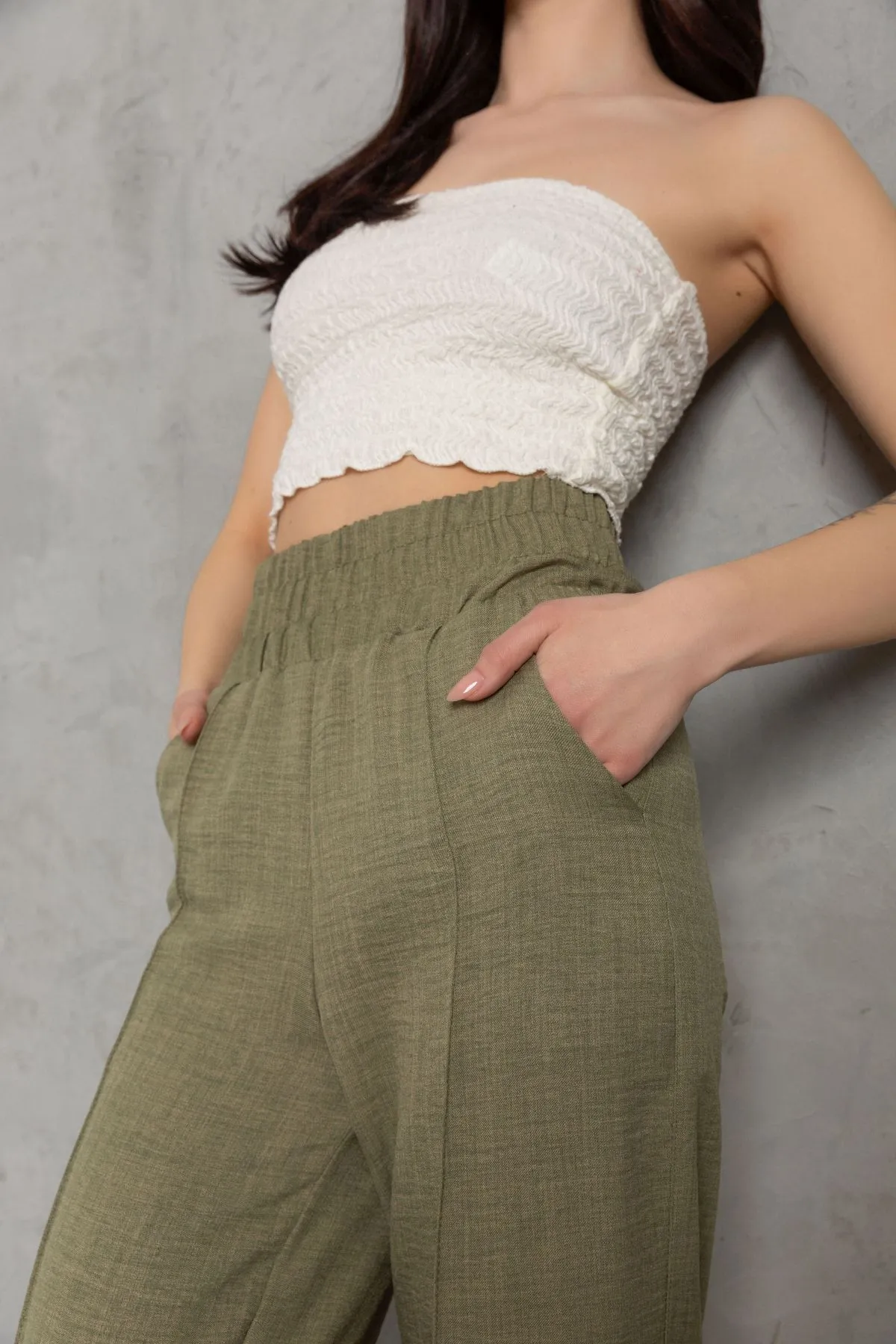 Domoda  Dekorative elastische Taille Weites Bein Doppeltasche Baumwolle Damenhose @Como