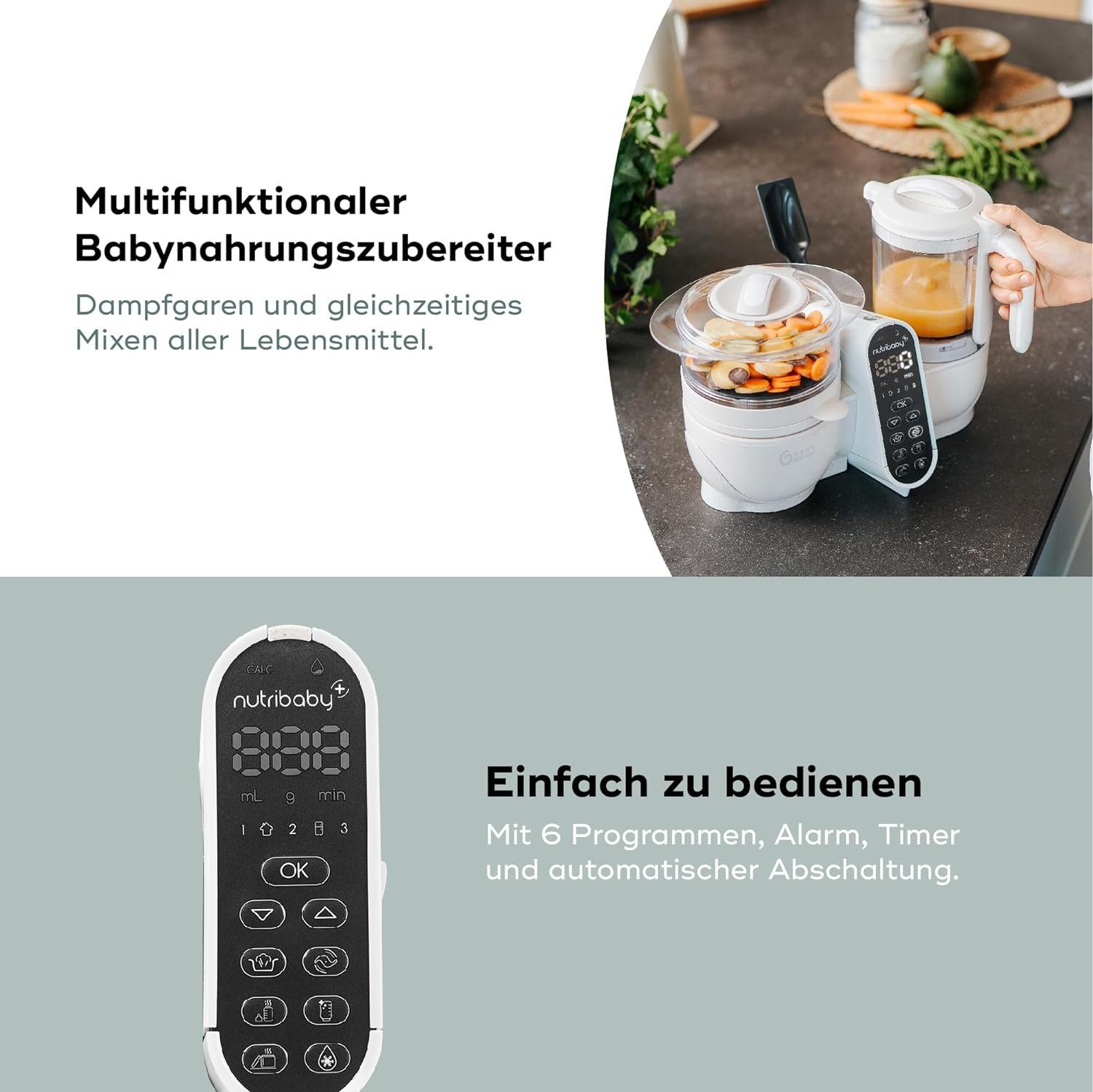 BABYMOOV Babynahrungszubereiter 6in1, Nahrungszubereiter, Mixen Mixer, Baby Nahrung, Dampfgaren, 25,00 W, 2,20 l Schüssel, Babynahrungszubereiter Sterilisieren Zubereiter