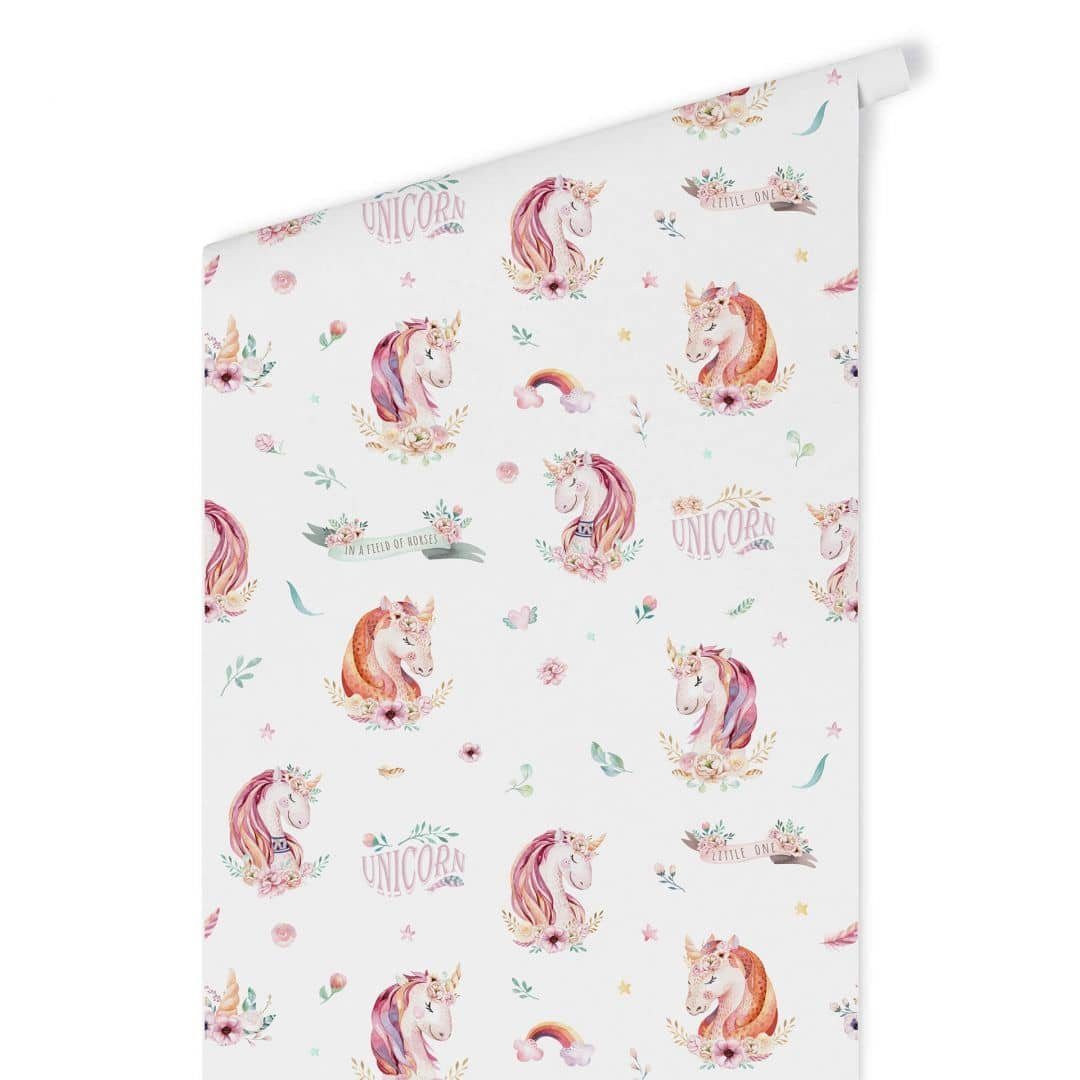 K&L Wall Art Mustertapete Kinderzimmer Vliestapete Baby Einhorn Prinzessin Rosa Mädchenzimmer, Einhornprinzessin Tapete