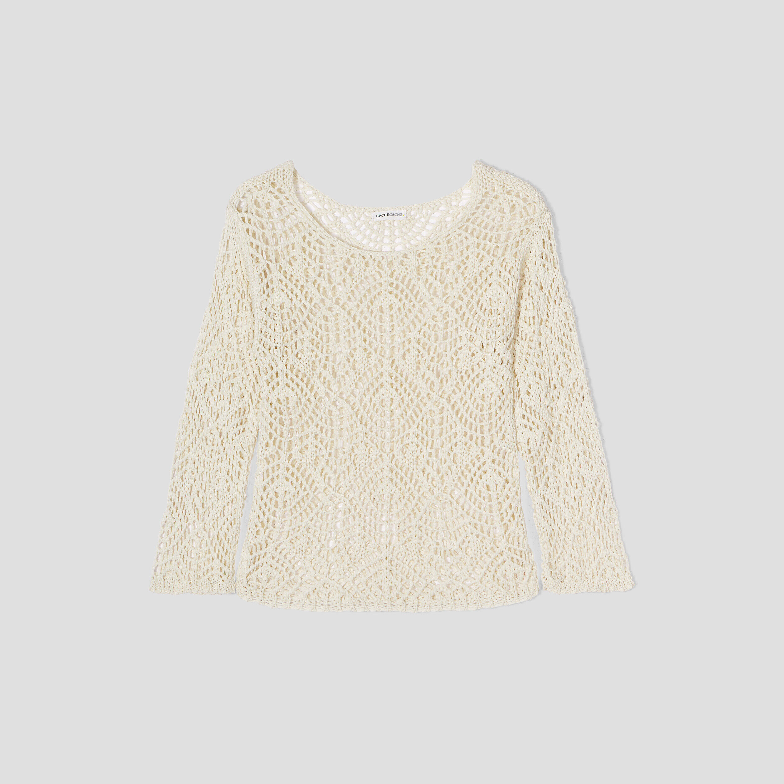 Pull crochet manches longues ivoire femme | Cache Cache