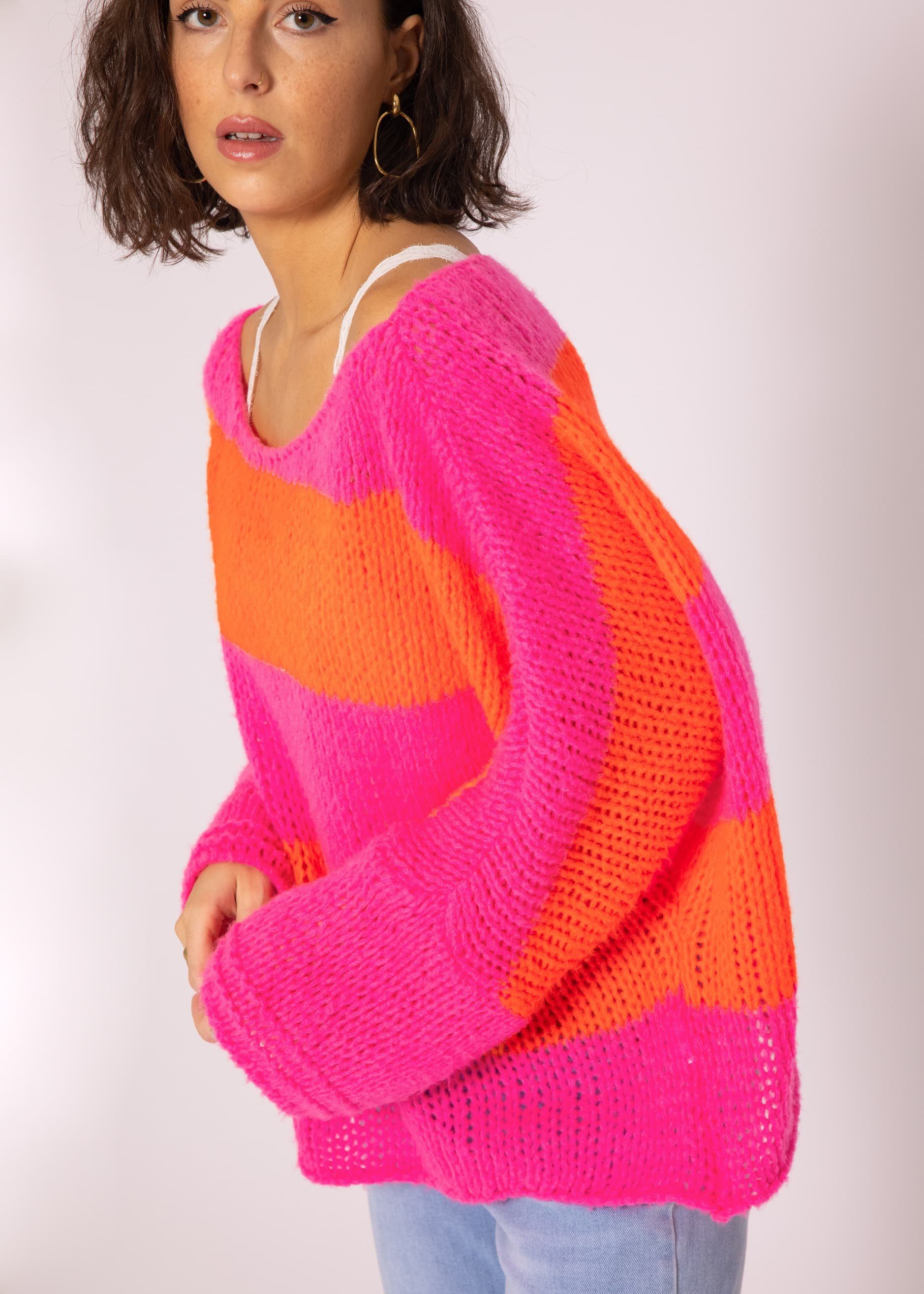 SASSYCLASSY Strickpullover Oversize Pullover Damen aus weichem Grobstrick Lässiger Strickpullover lang mit Streifen, Made in Italy